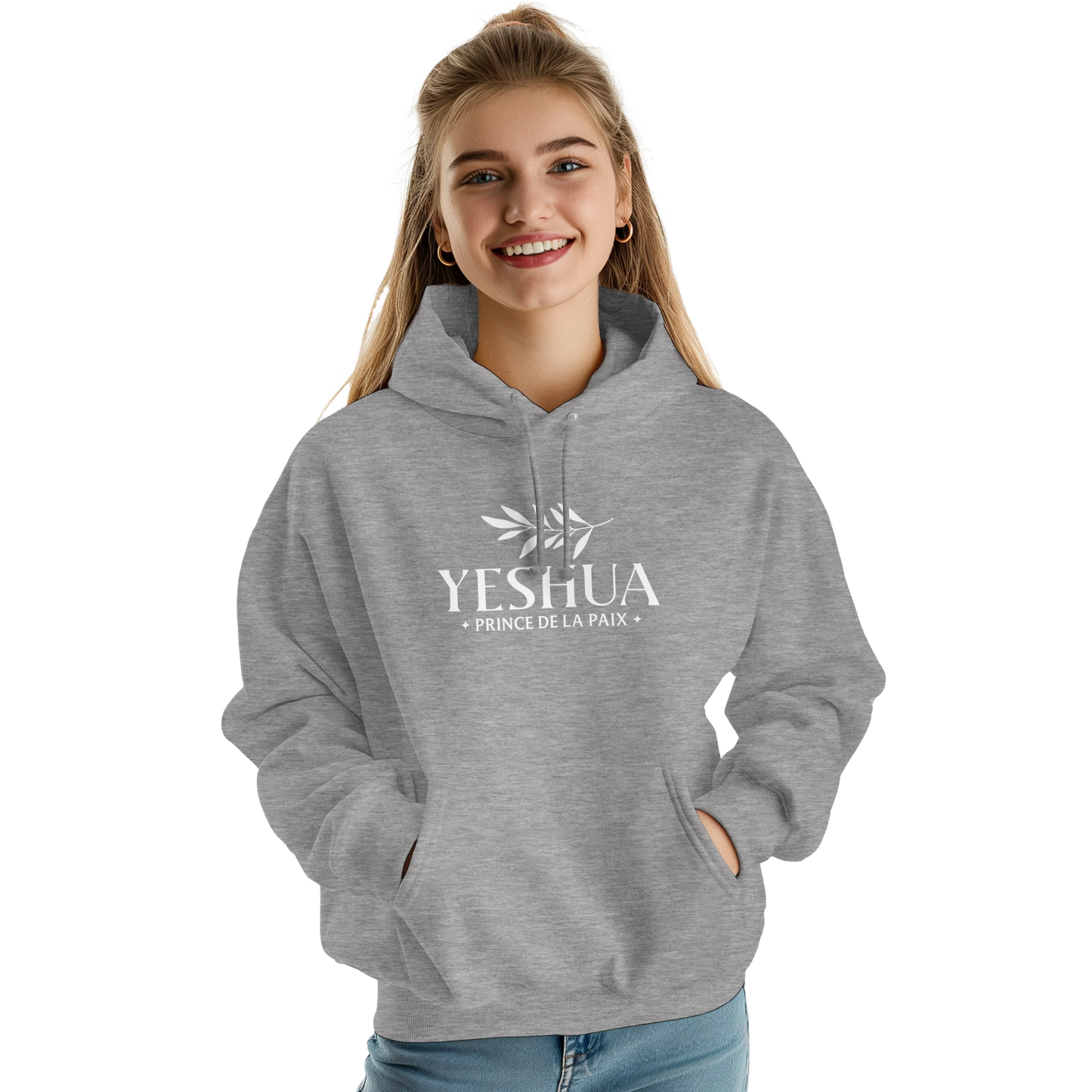 Sweat à capuche chrétien femme « Yeshua Prince de la Paix » gris chiné face