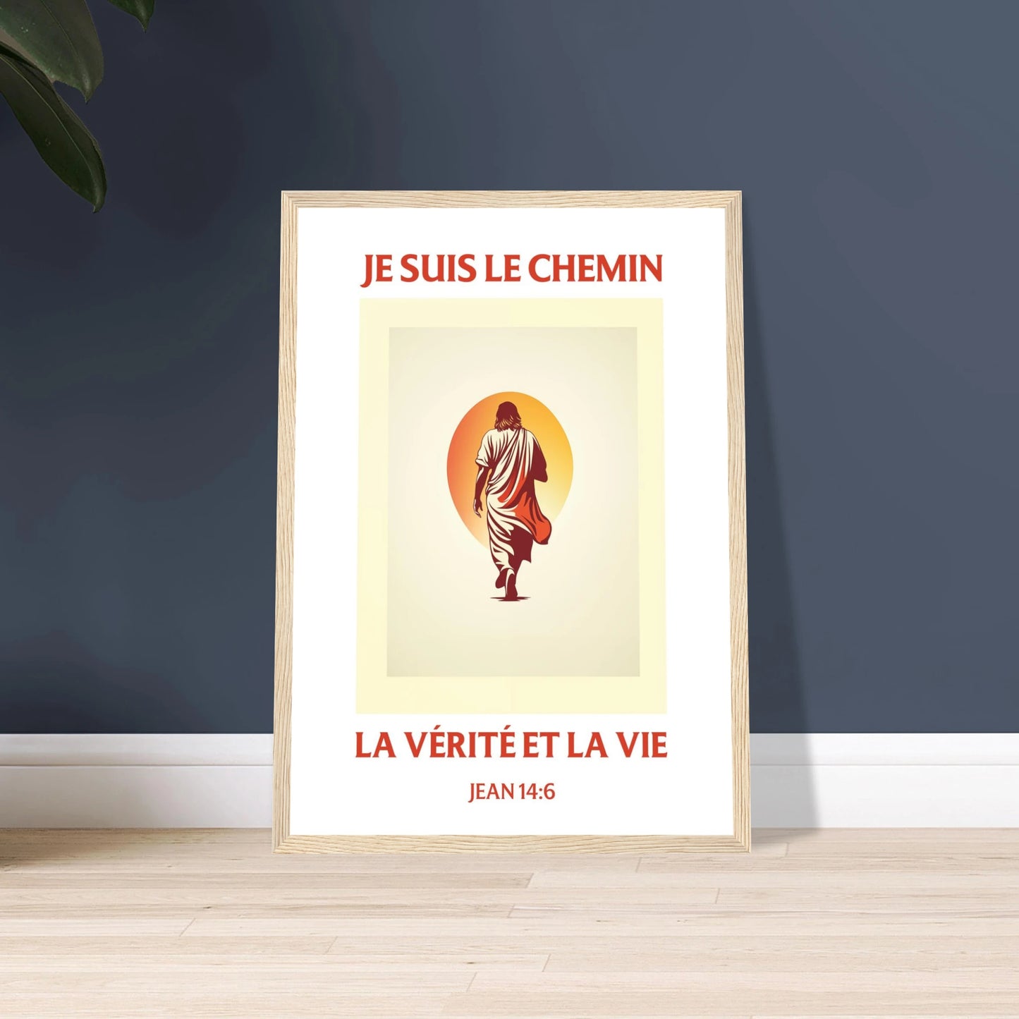 Poster chrétien premium encadré « Jean 14:6 » plan rapproché A3 cadre bois