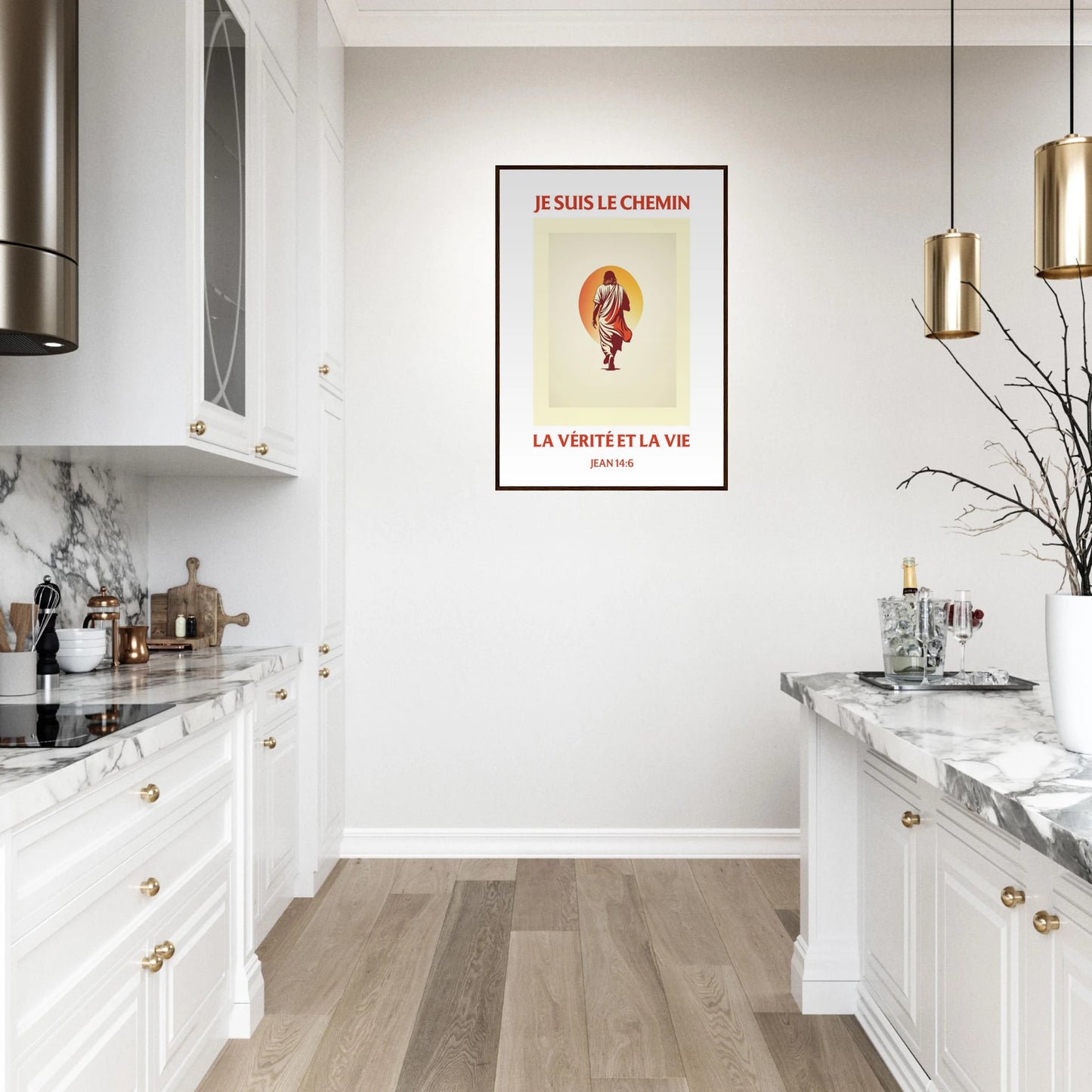 Poster chrétien premium encadré « Jean 14:6 » cuisine A1 cadre bois foncé