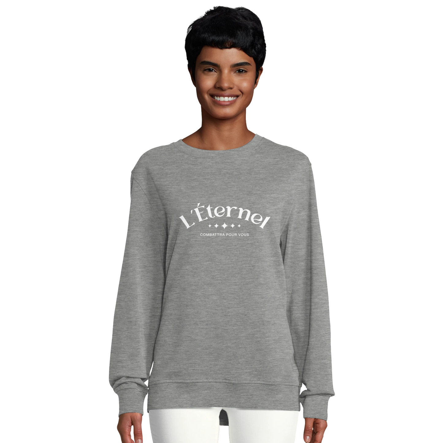 Sweat-shirt chrétien femme en coton bio « Deutéronome 3:22 » gris chiné face
