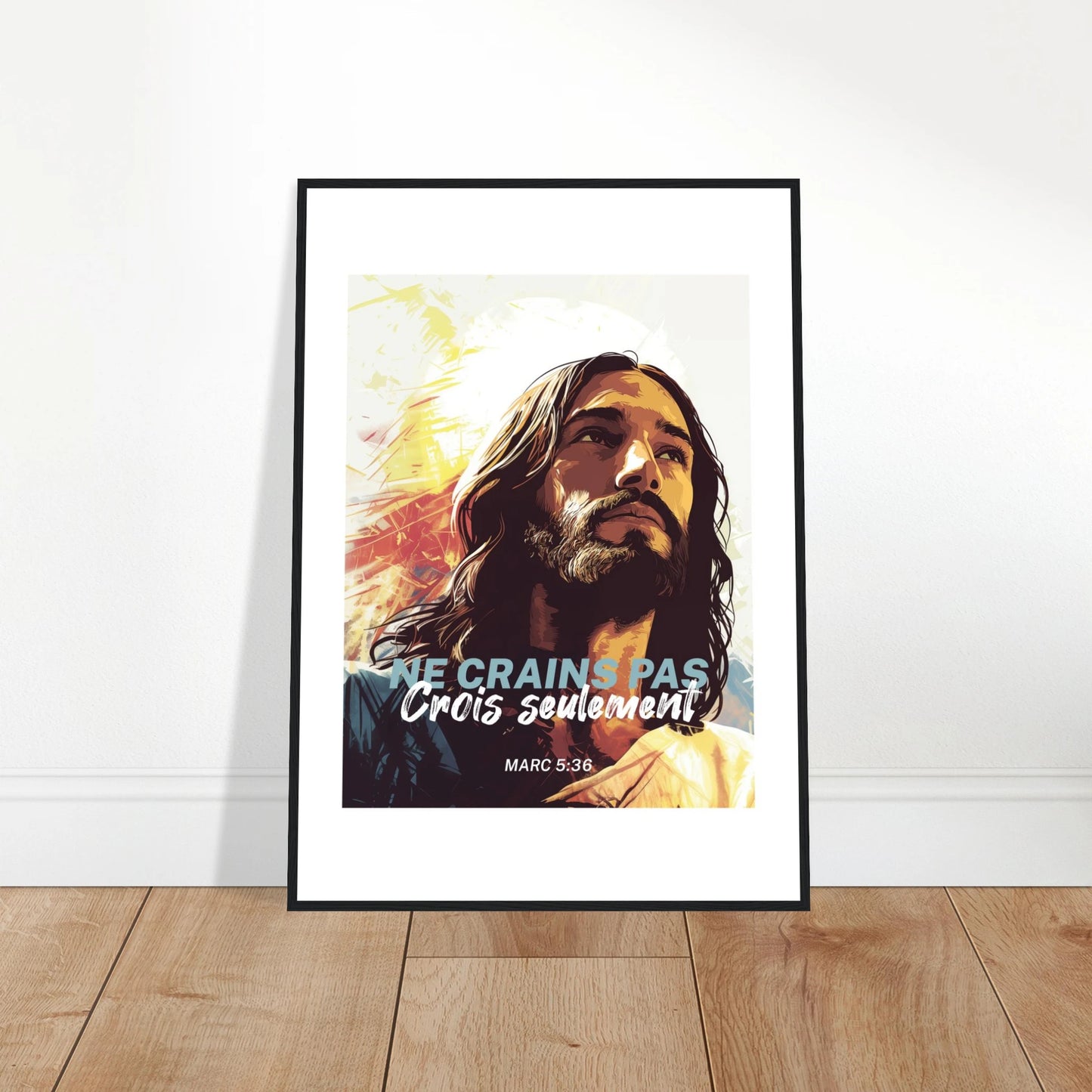 Poster chrétien premium encadré « Marc 5:36 » plan rapproché A1 cadre noir