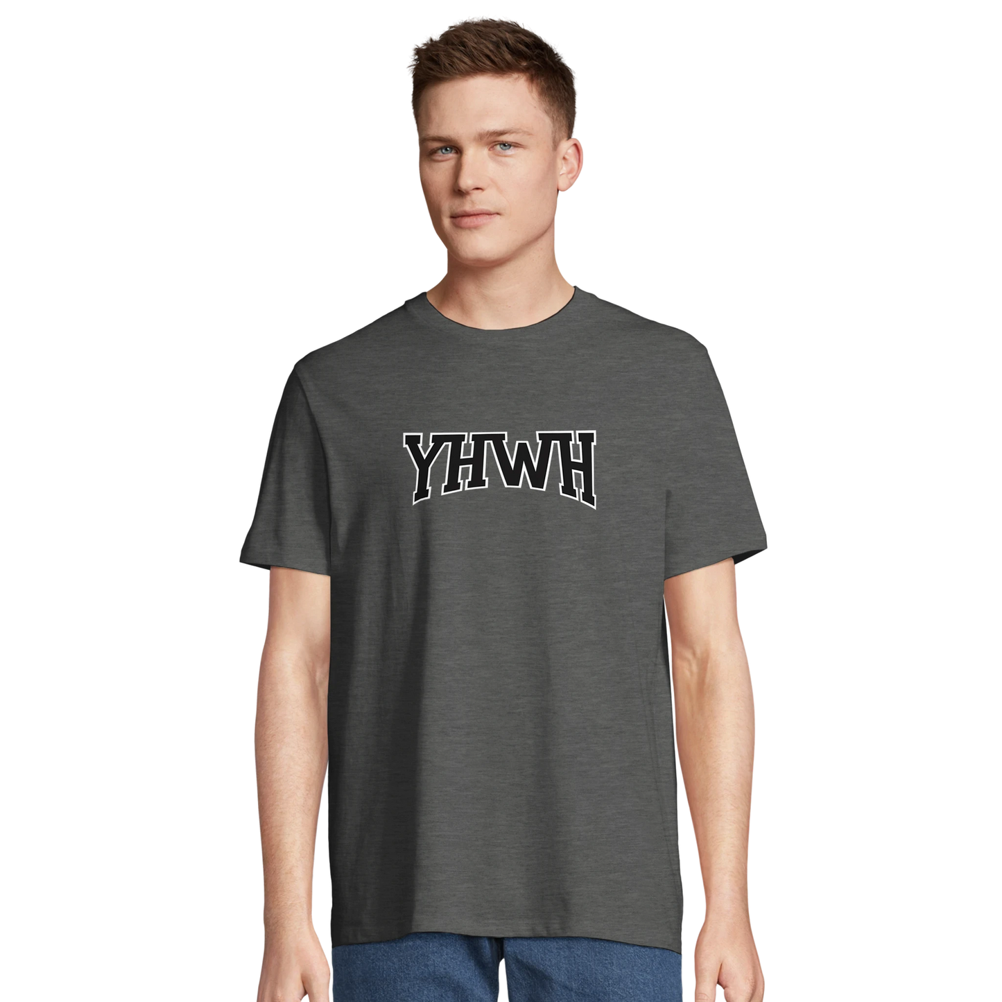 T-shirt chrétien homme en coton bio « YHWH » gris chiné face