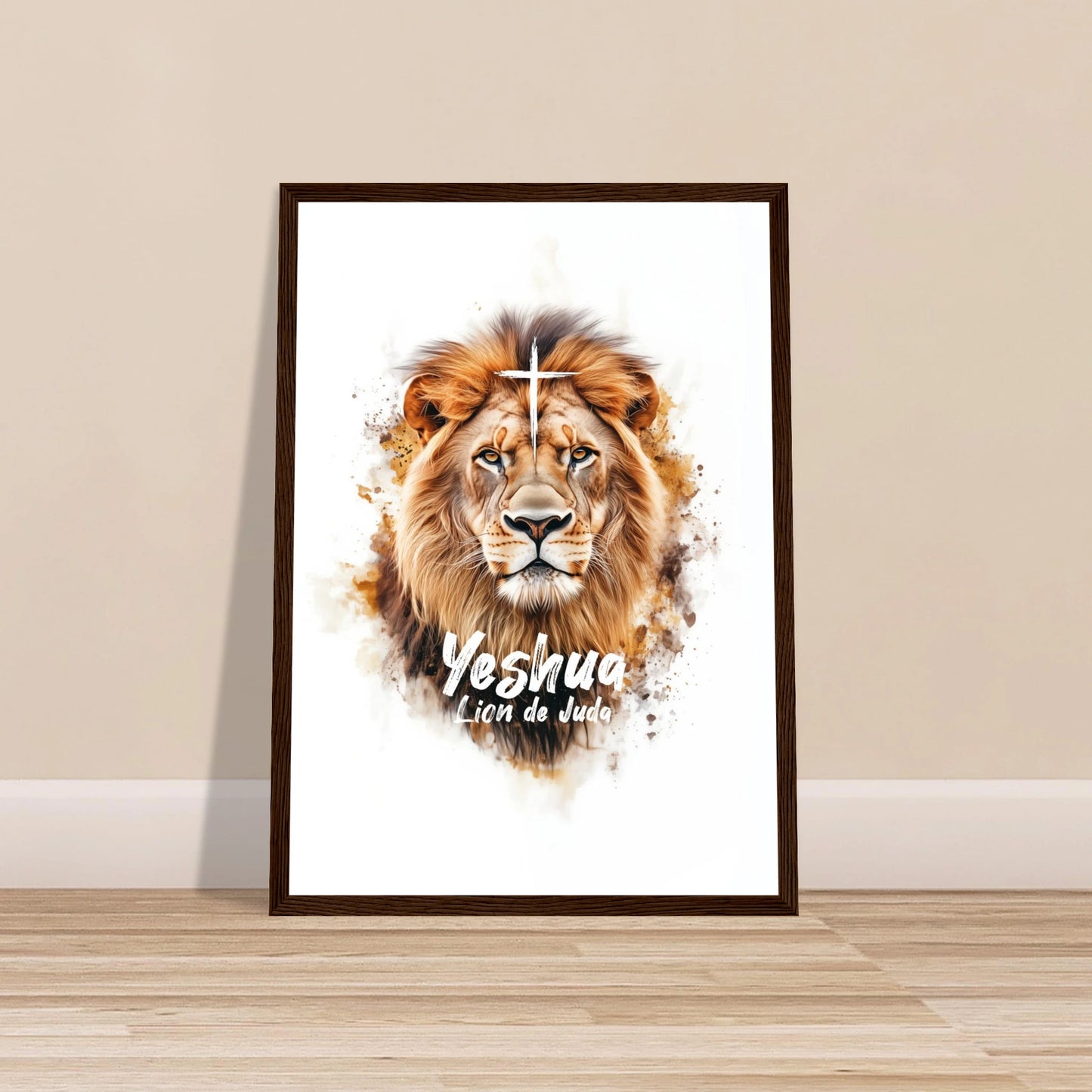Poster chrétien premium encadré « Yeshua Lion de Juda » plan rapproché A3 cadre bois foncé