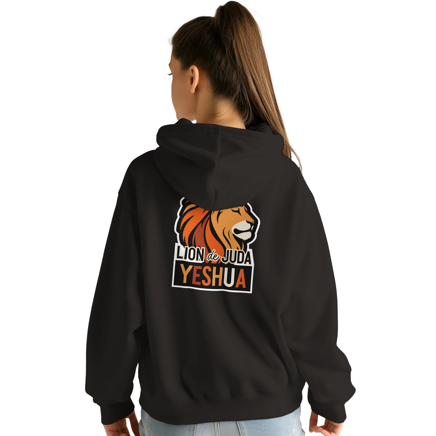 Sweat à capuche chrétien femme « Yeshua Lion de Juda » noir dos