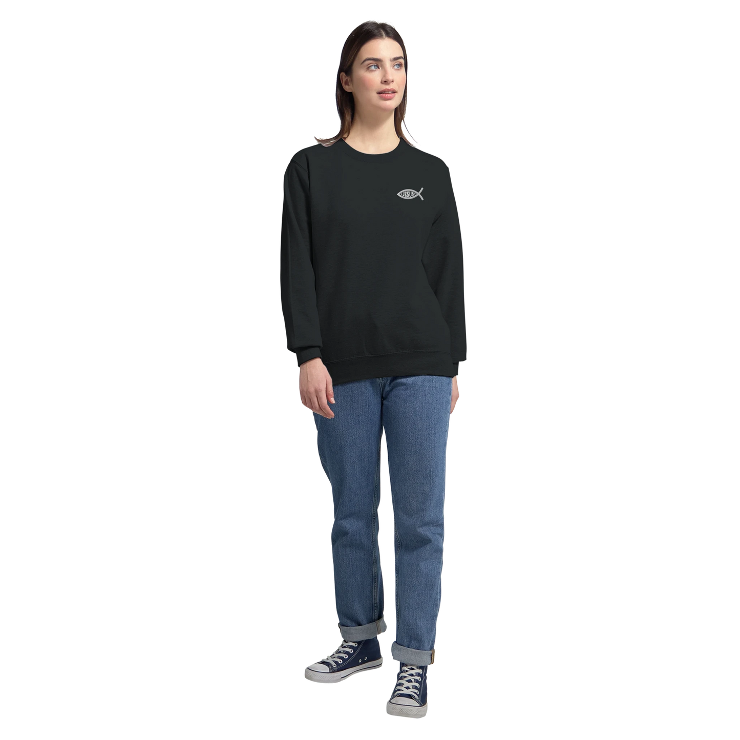 Sweat-shirt chrétien femme brodé « Ichthus » noir porté