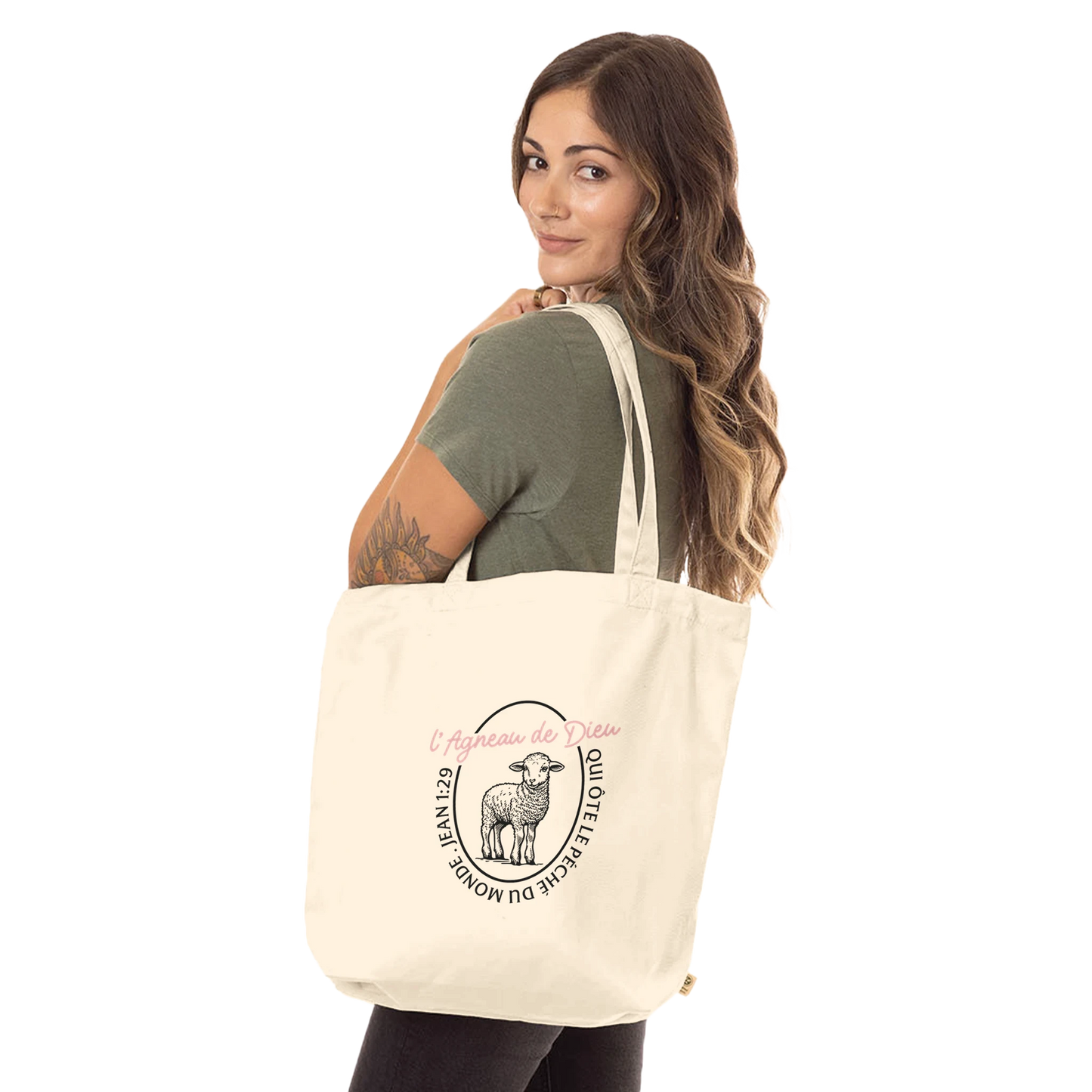 Tote bag chrétien en coton bio « Jean 1:29 » présentation