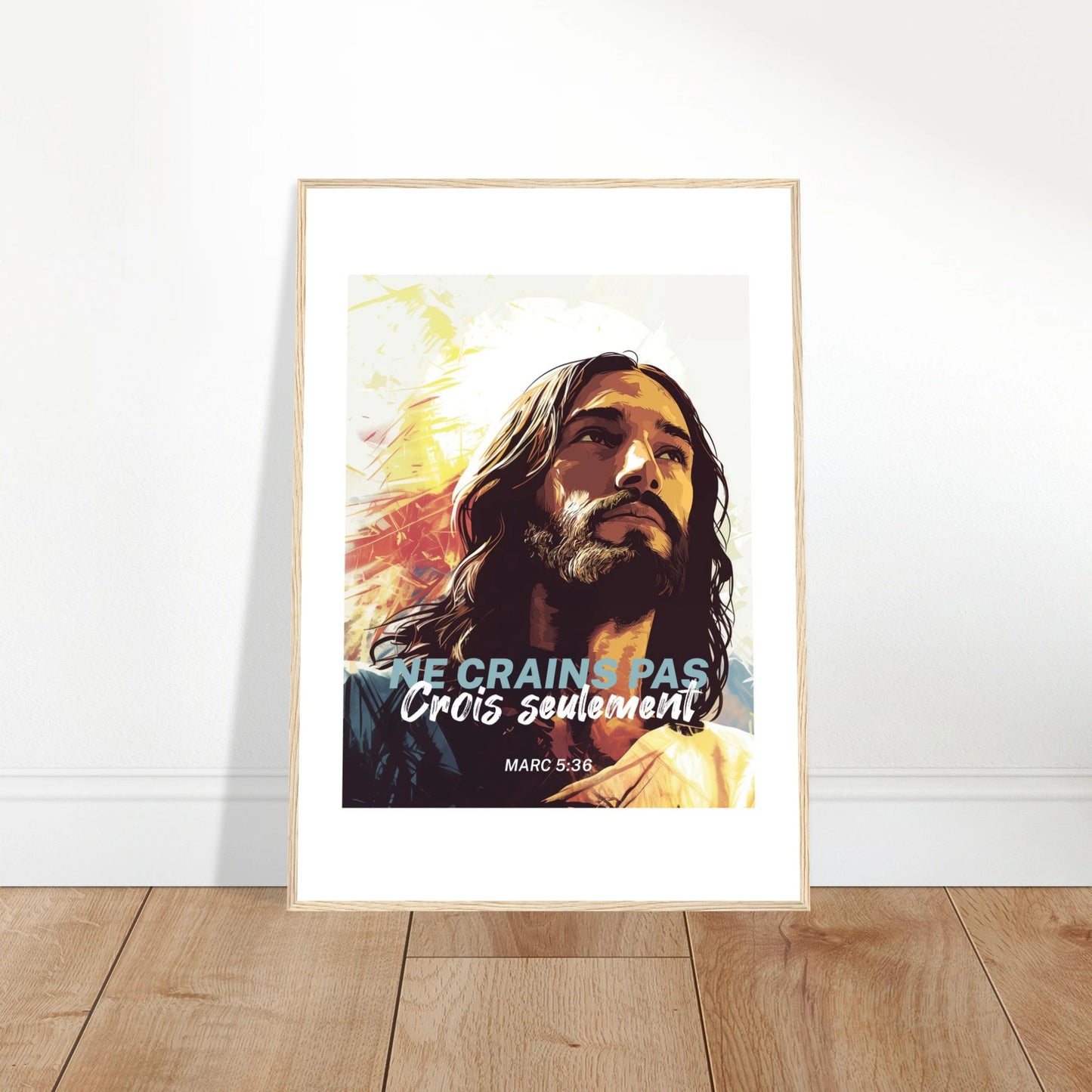 Poster chrétien premium encadré « Marc 5:36 » plan rapproché A1 cadre bois