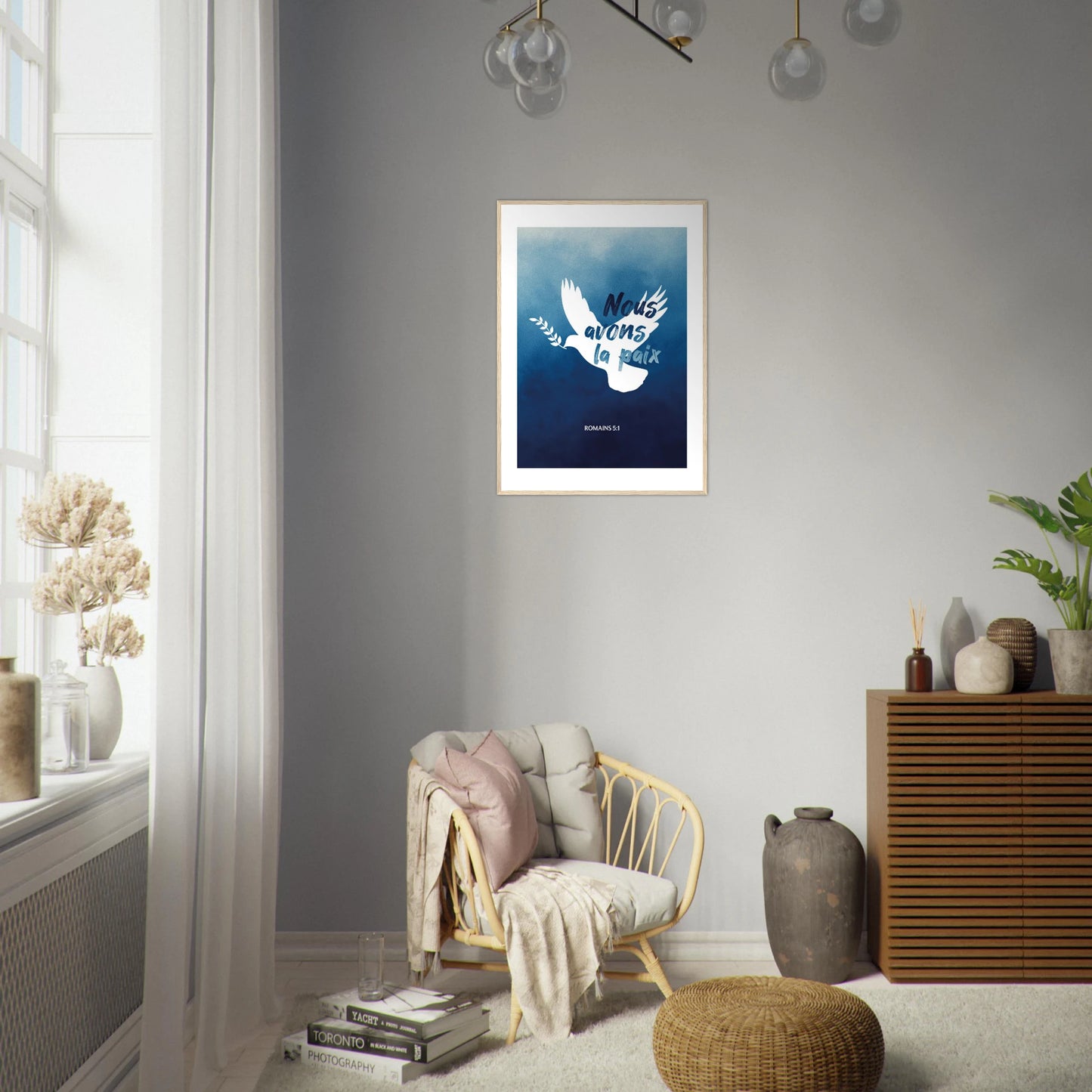 Poster chrétien premium encadré « Romains 5:1 » salon A1 cadre bois