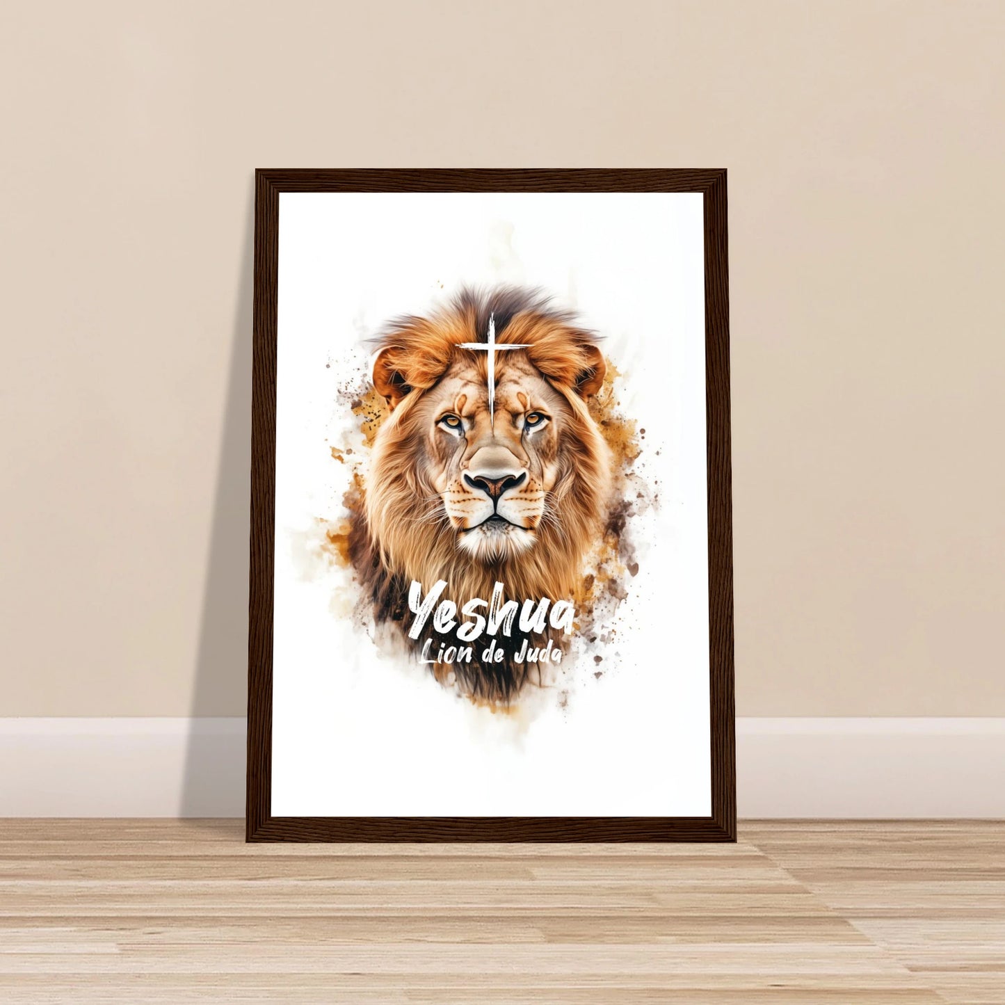 Poster chrétien premium encadré « Yeshua Lion de Juda » plan rapproché A4 cadre bois foncé