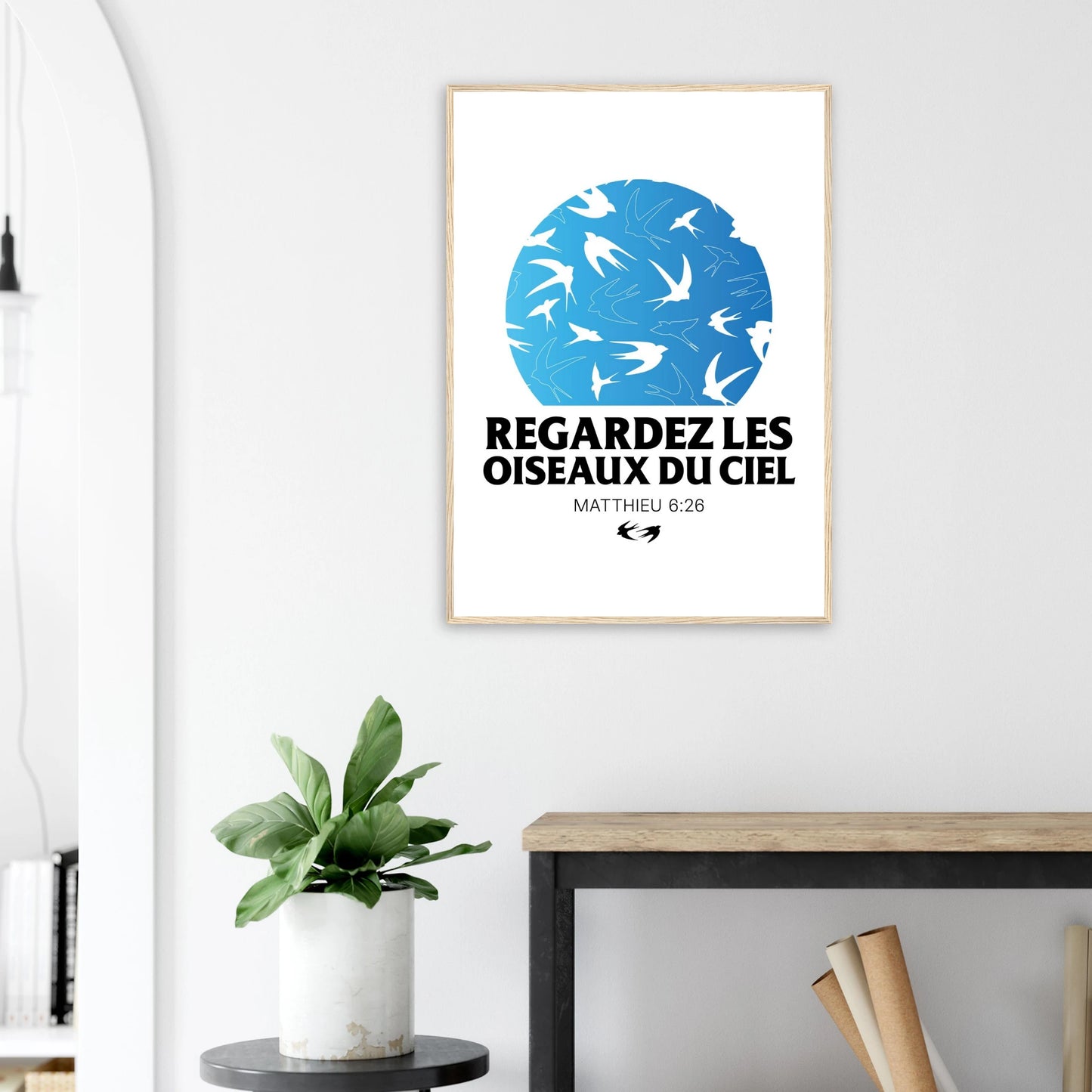 Poster chrétien premium encadré « Matthieu 6:26 » salon mur A1 cadre bois