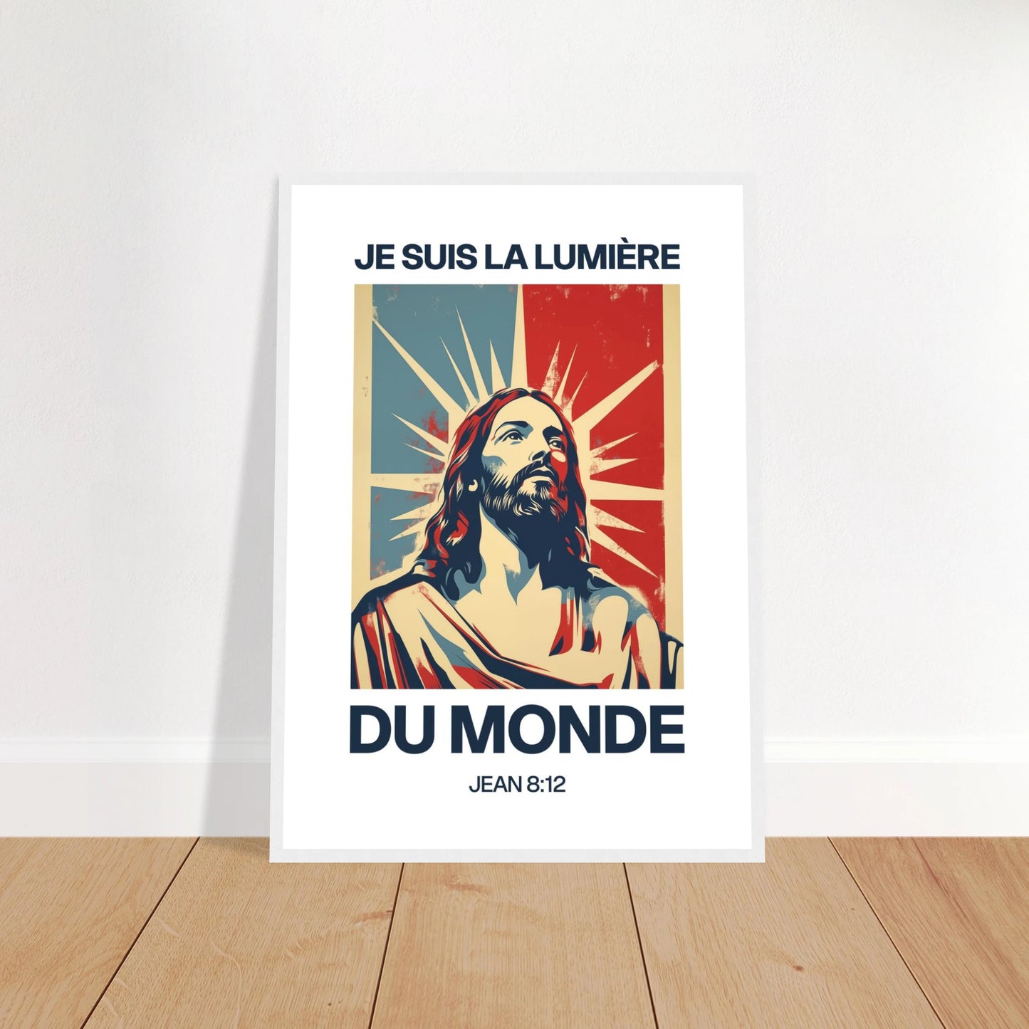 Poster chrétien premium encadré « Jean 8:12 » plan rapproché A2 cadre blanc