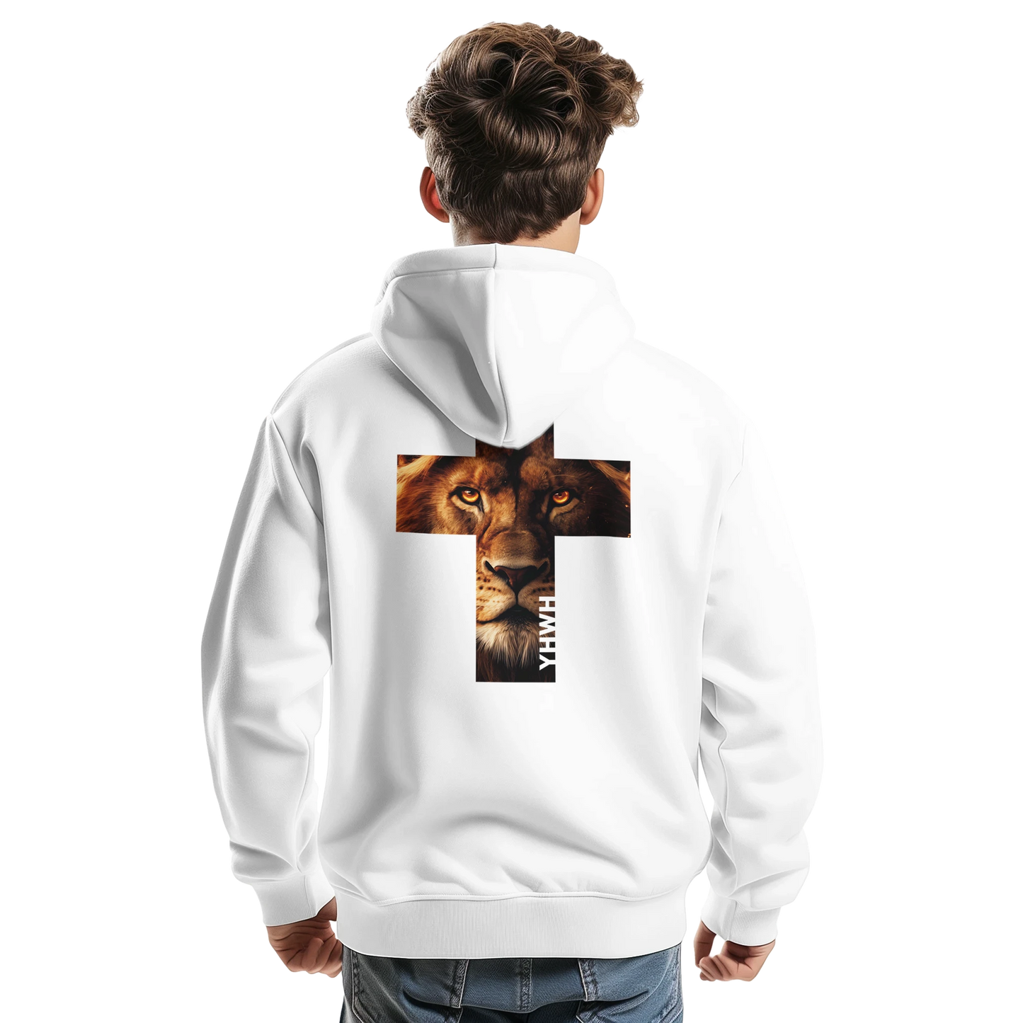 Sweat à capuche chrétien homme « Lion YHWH » blanc dos