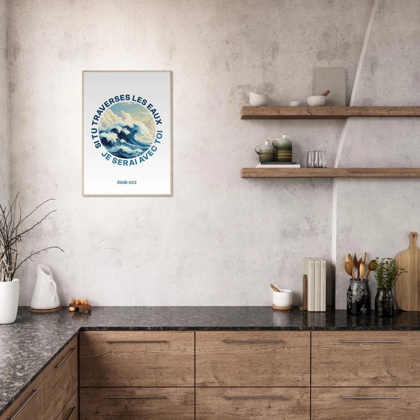Poster chrétien premium encadré « Esaïe 43:2 » cuisine A1 cadre bois
