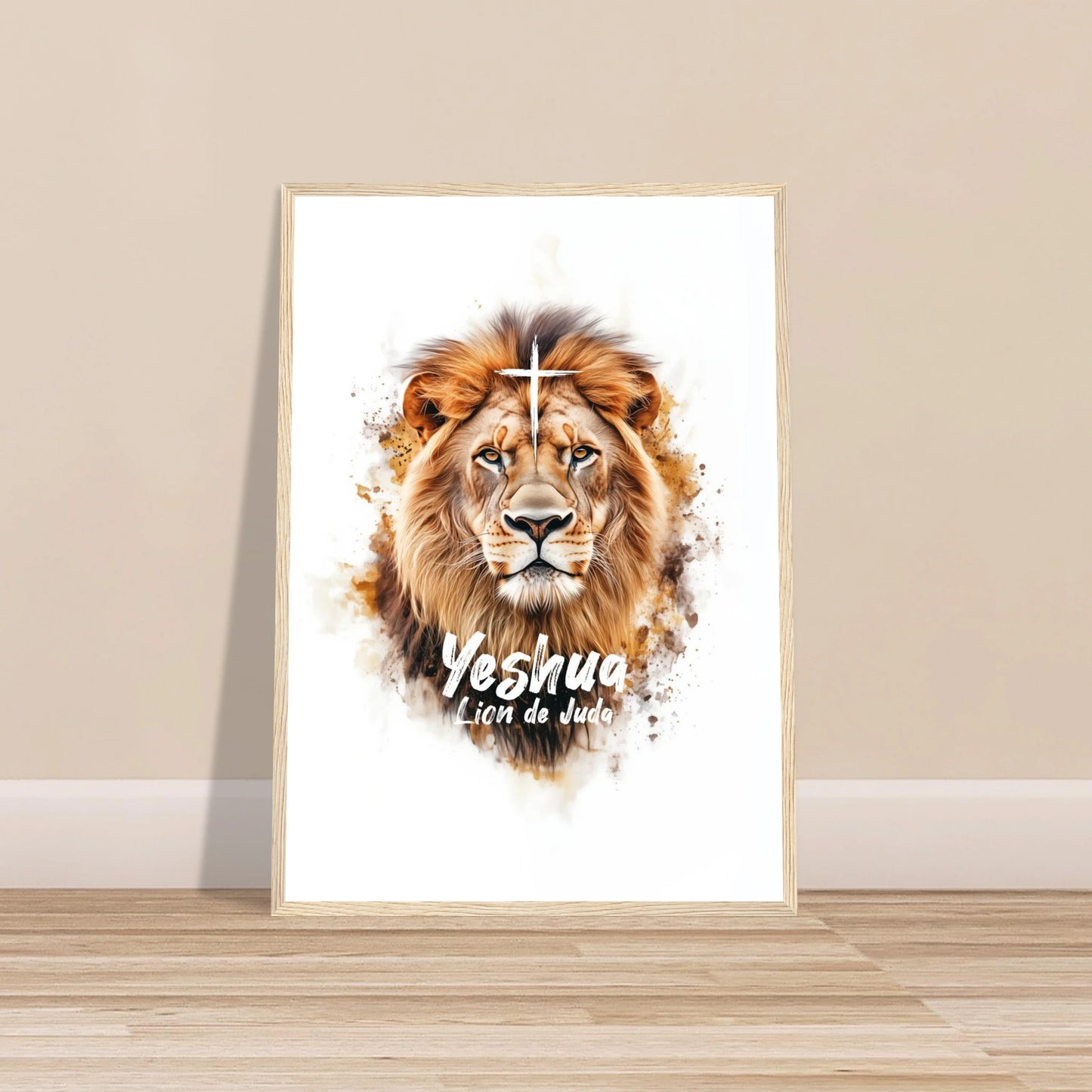 Poster chrétien premium encadré « Yeshua Lion de Juda » plan rapproché A2 cadre bois