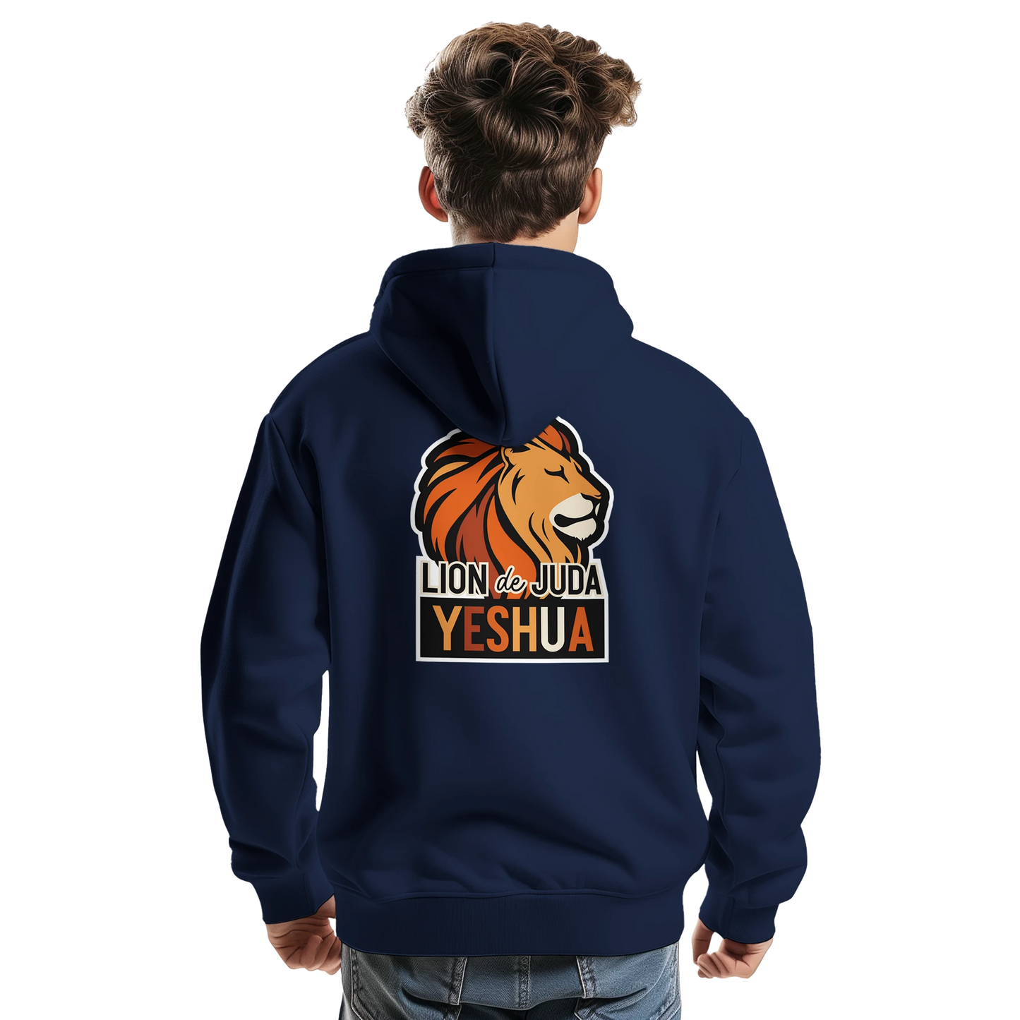 Sweat à capuche chrétien homme « Yeshua Lion de Juda » bleu marine dos