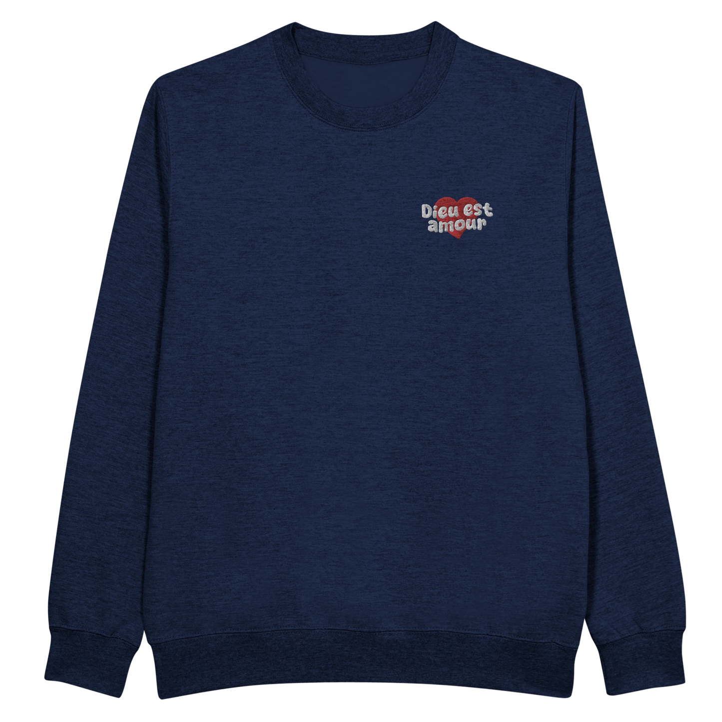 Sweat-shirt chrétien femme brodé « Dieu est amour » bleu marine face