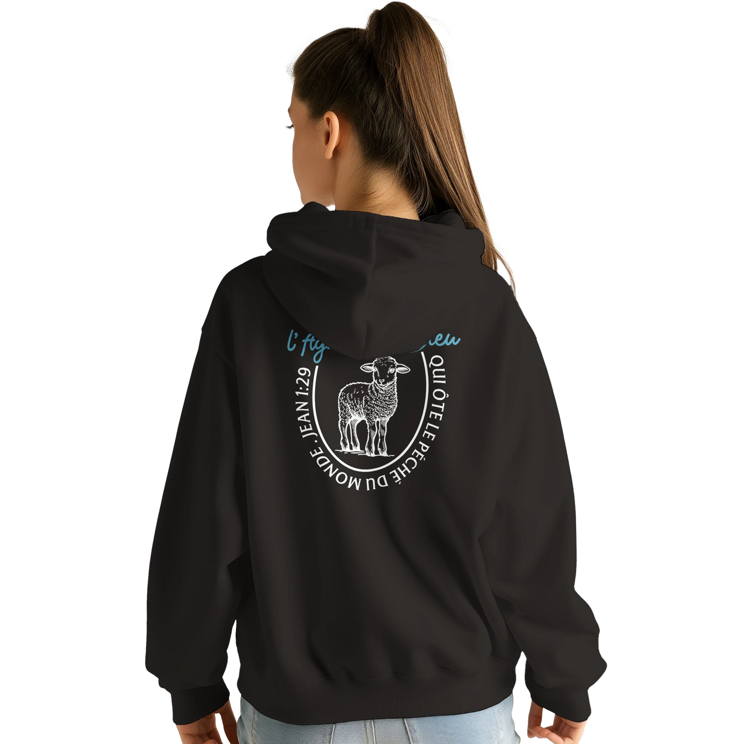 Sweat à capuche chrétien femme « Jean 1:29 » noir dos