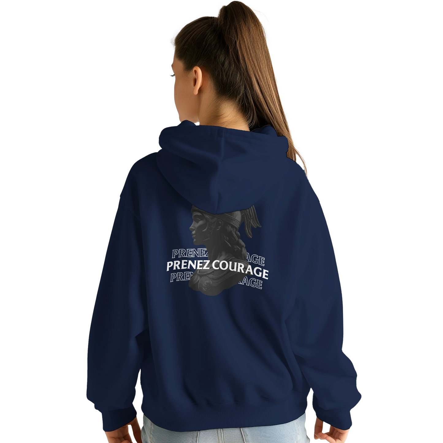 Sweat à capuche chrétien femme « Jean 16:33 » bleu marine dos