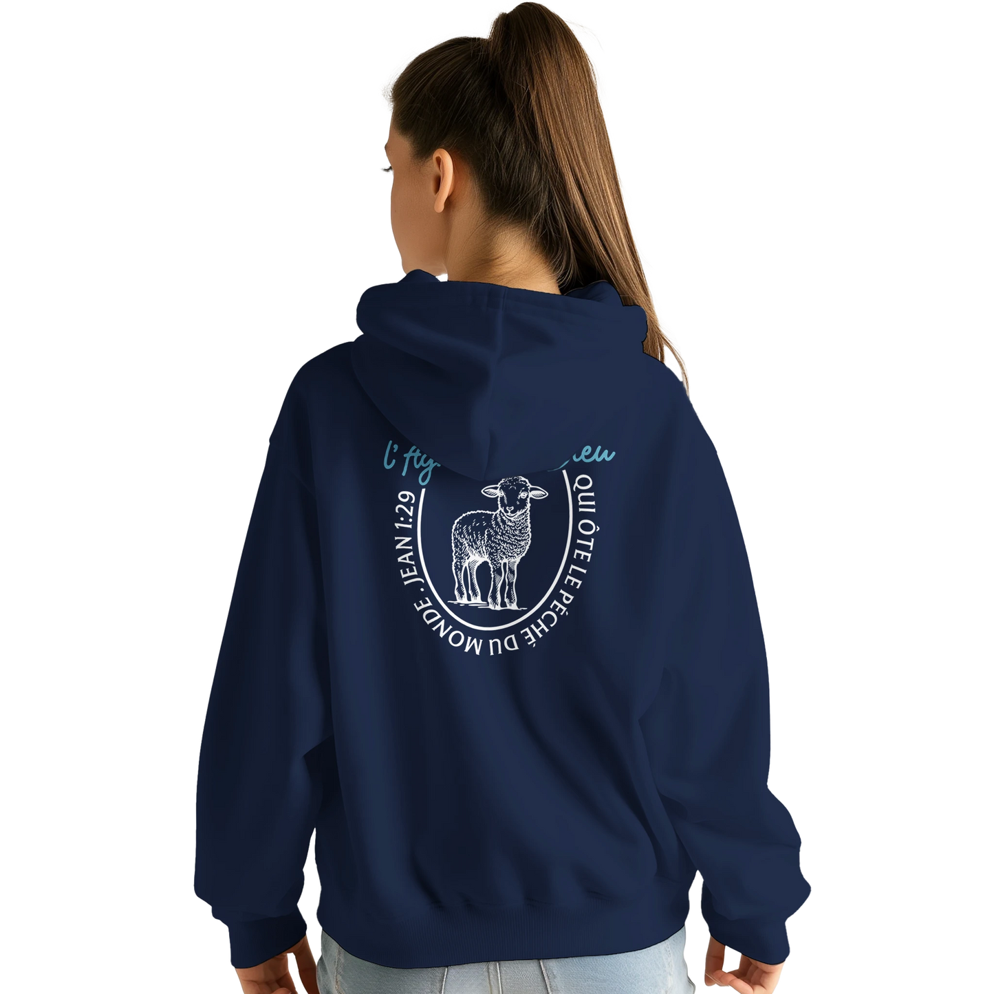 Sweat à capuche chrétien femme « Jean 1:29 » bleu marine dos