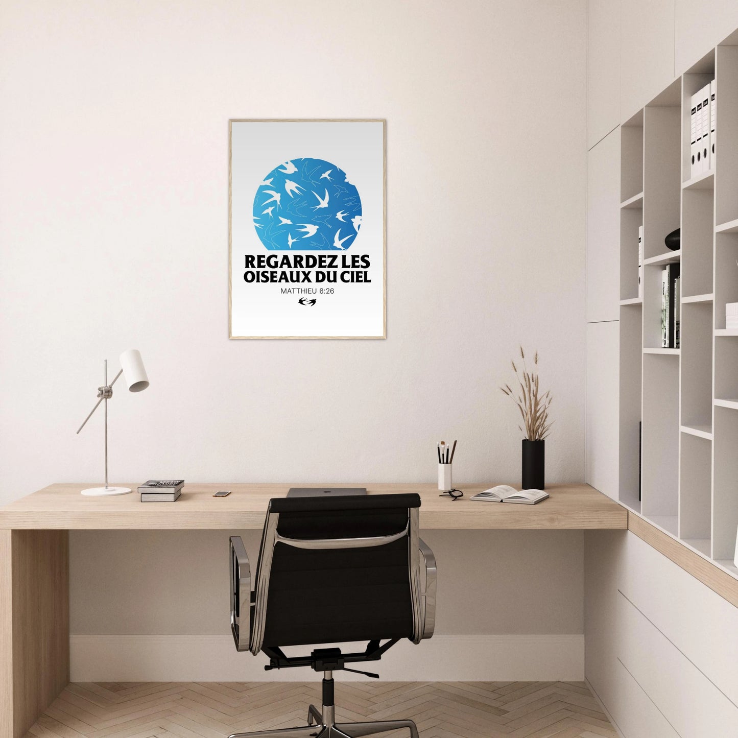 Poster chrétien premium encadré « Matthieu 6:26 » bureau A1 cadre bois
