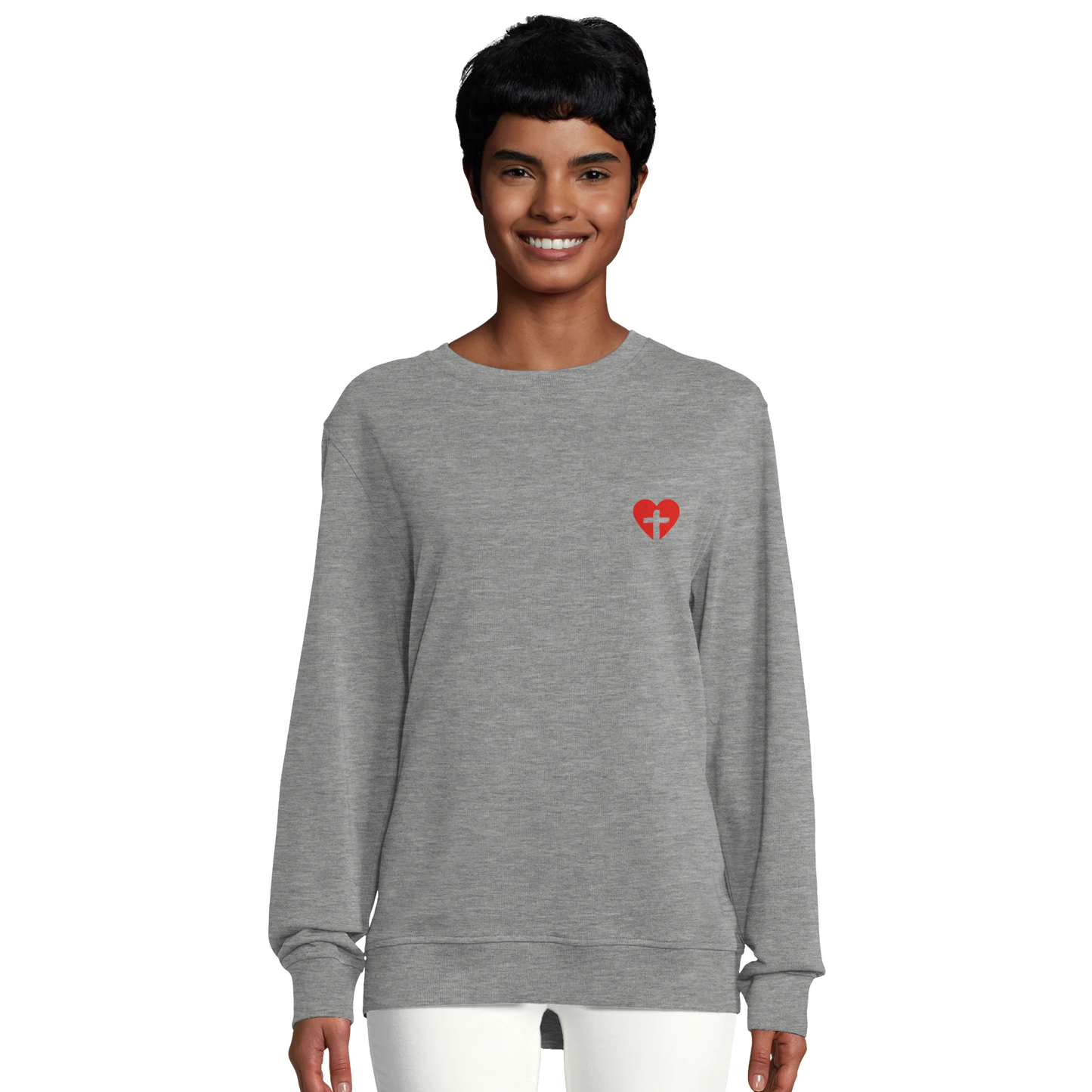 Sweat-shirt chrétien femme en coton bio « Sacré-Cœur » gris chiné face