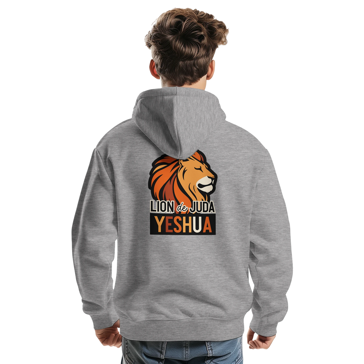 Sweat à capuche chrétien homme « Yeshua Lion de Juda » gris chiné dos