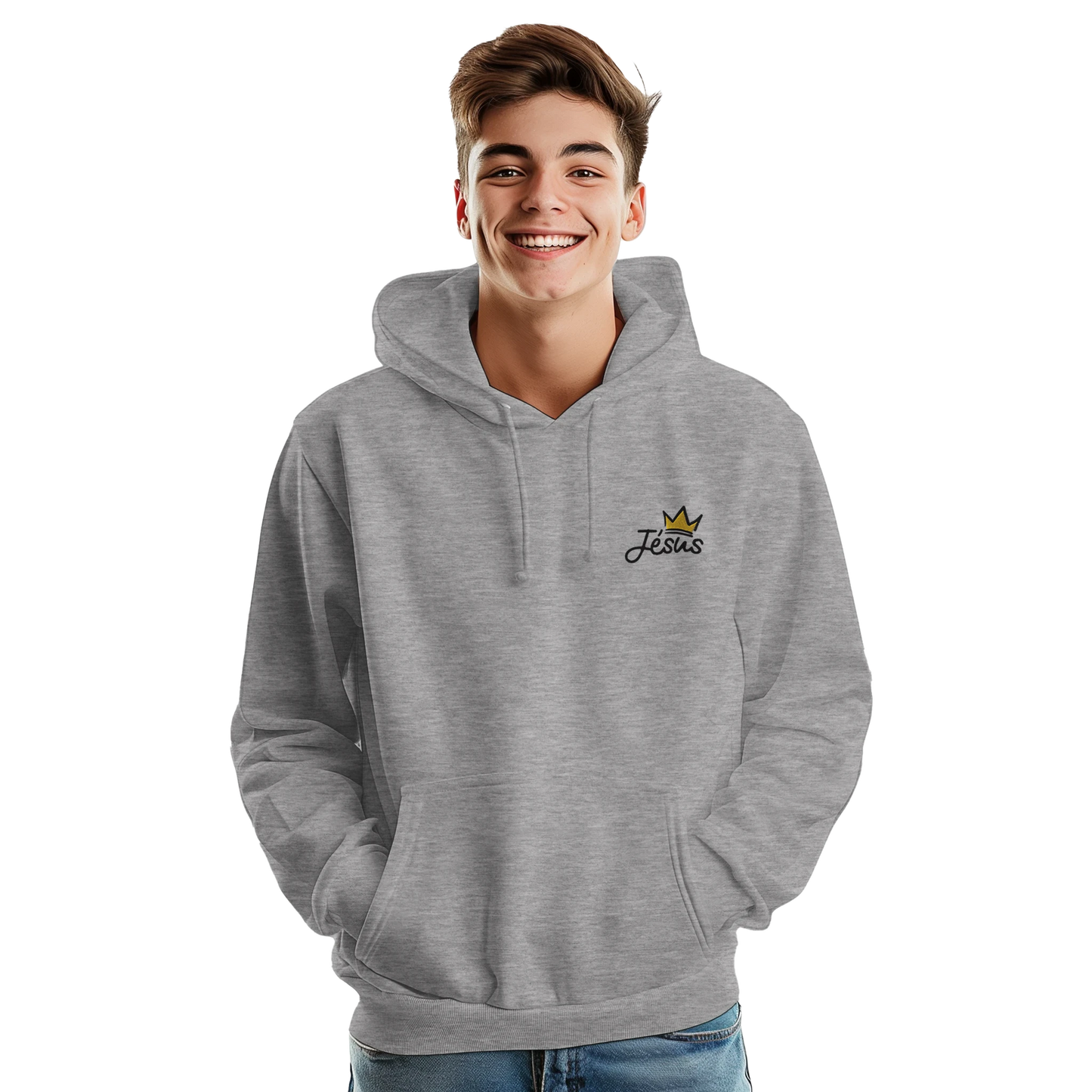 Sweat à capuche chrétien homme brodé « Jésus est Roi » gris chiné face