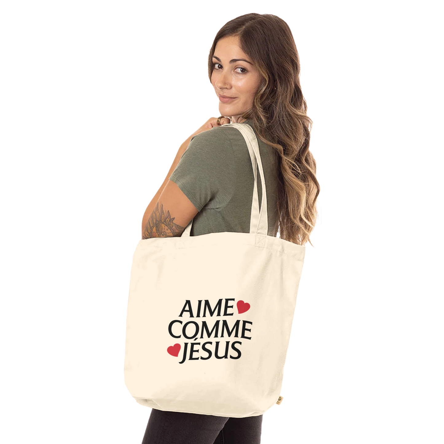 Tote bag chrétien en coton bio « Aime comme Jésus » présentation