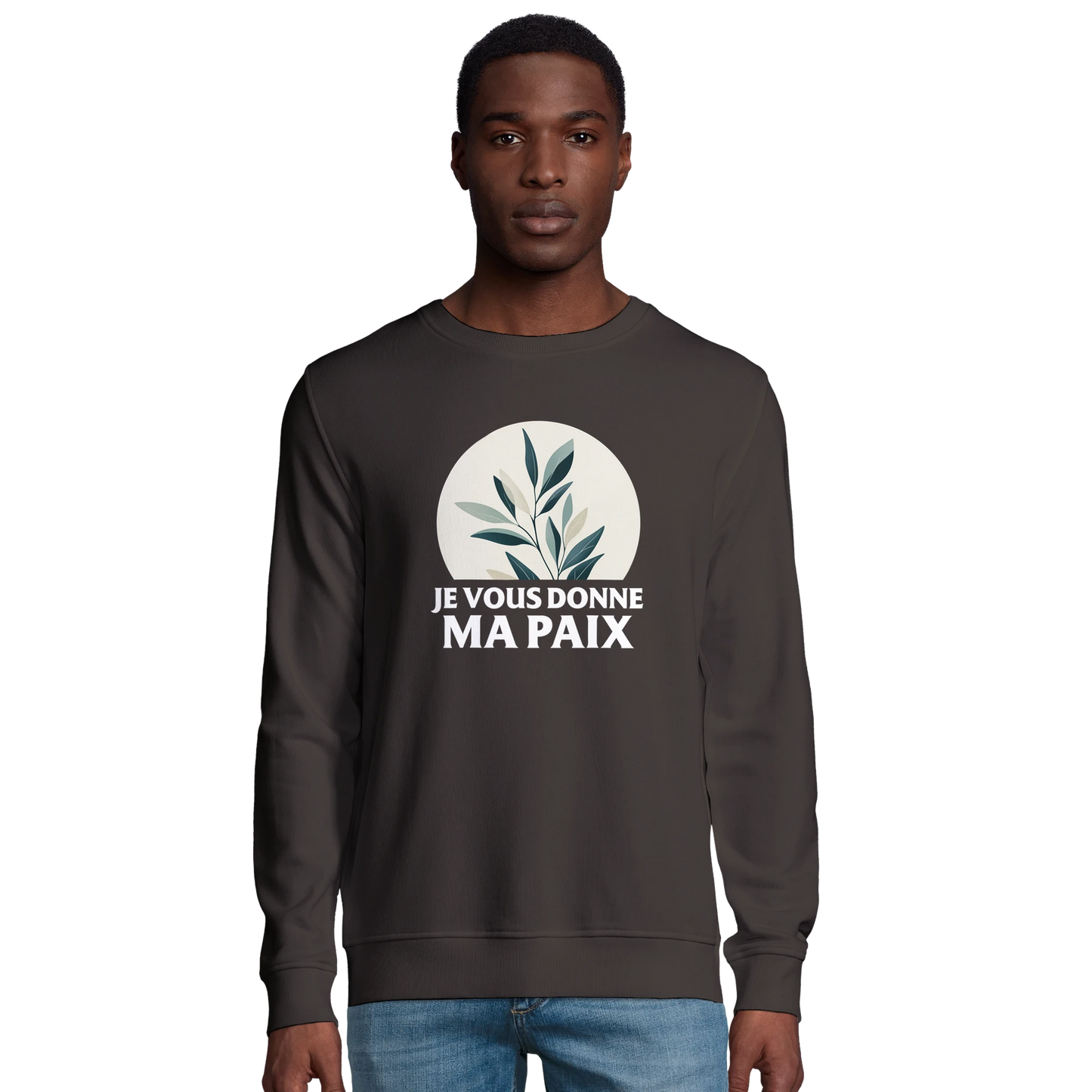 Sweat-shirt chrétien homme en coton bio « Jean 14:27 » charbon face