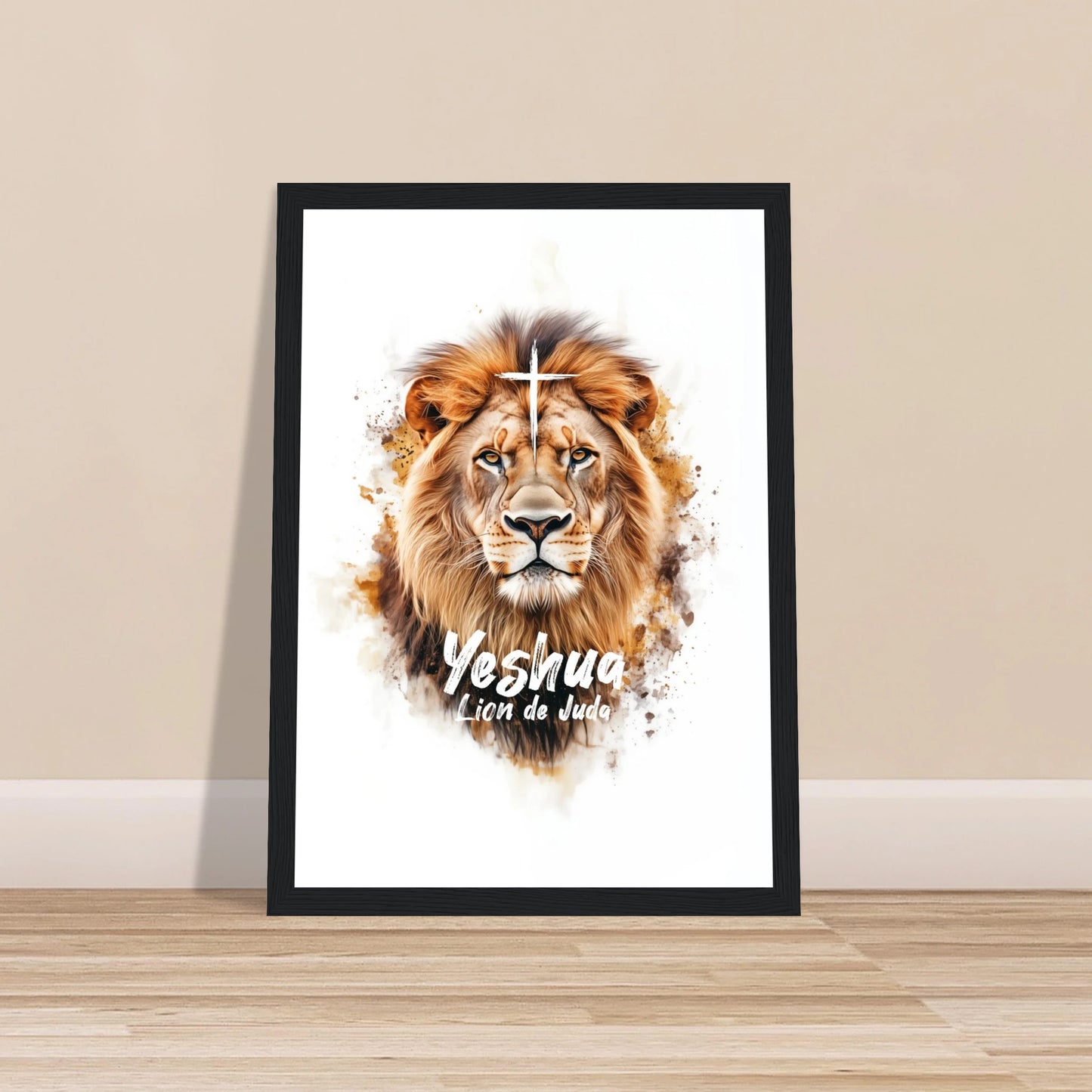 Poster chrétien premium encadré « Yeshua Lion de Juda » plan rapproché A4 cadre noir