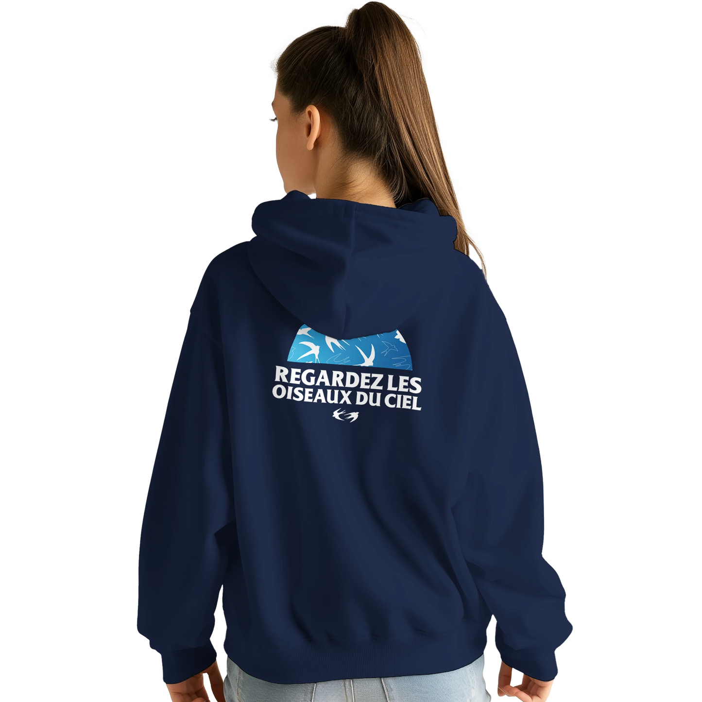 Sweat à capuche chrétien femme « Matthieu 6:26 » bleu marine dos