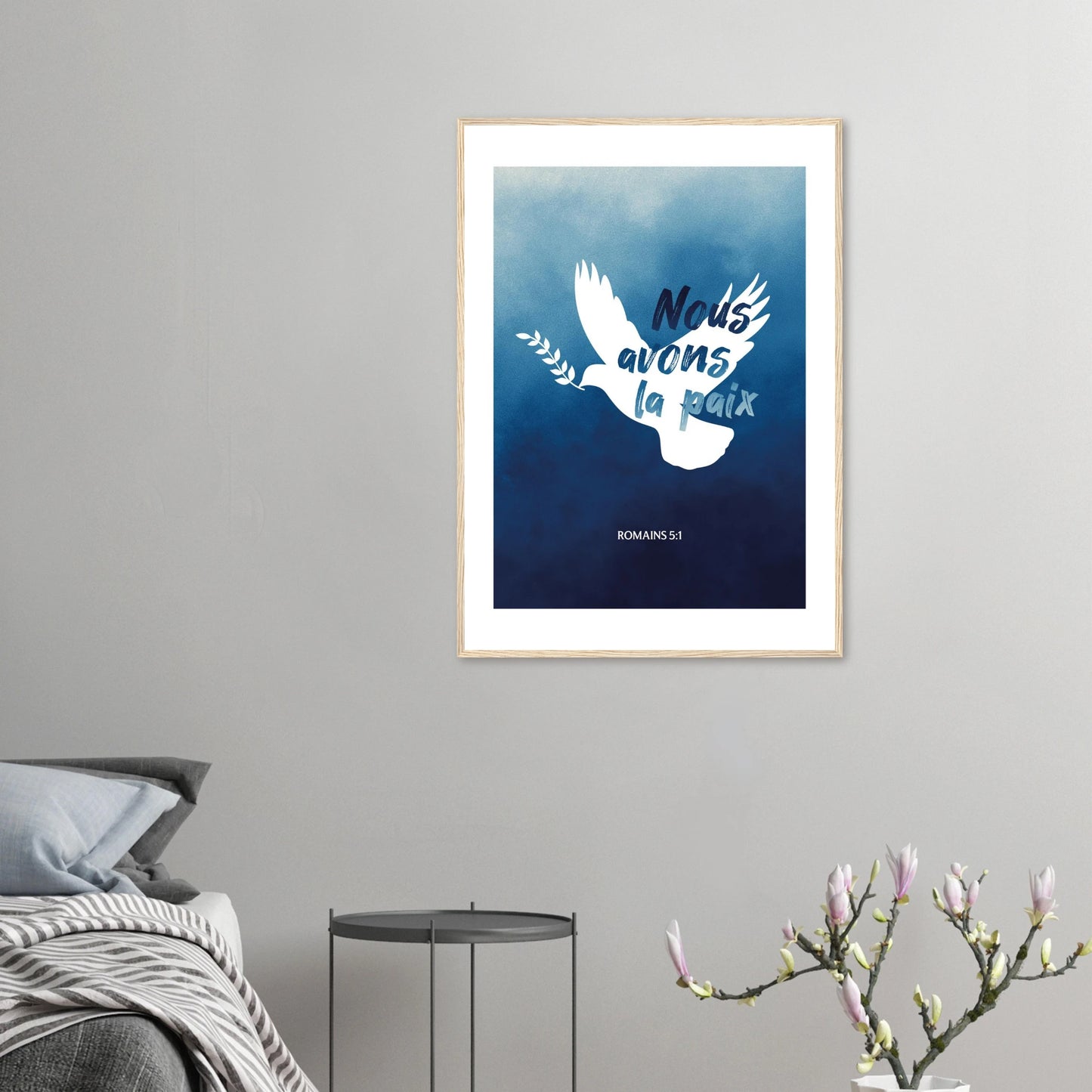 Poster chrétien premium encadré « Romains 5:1 » chambre A1 cadre bois