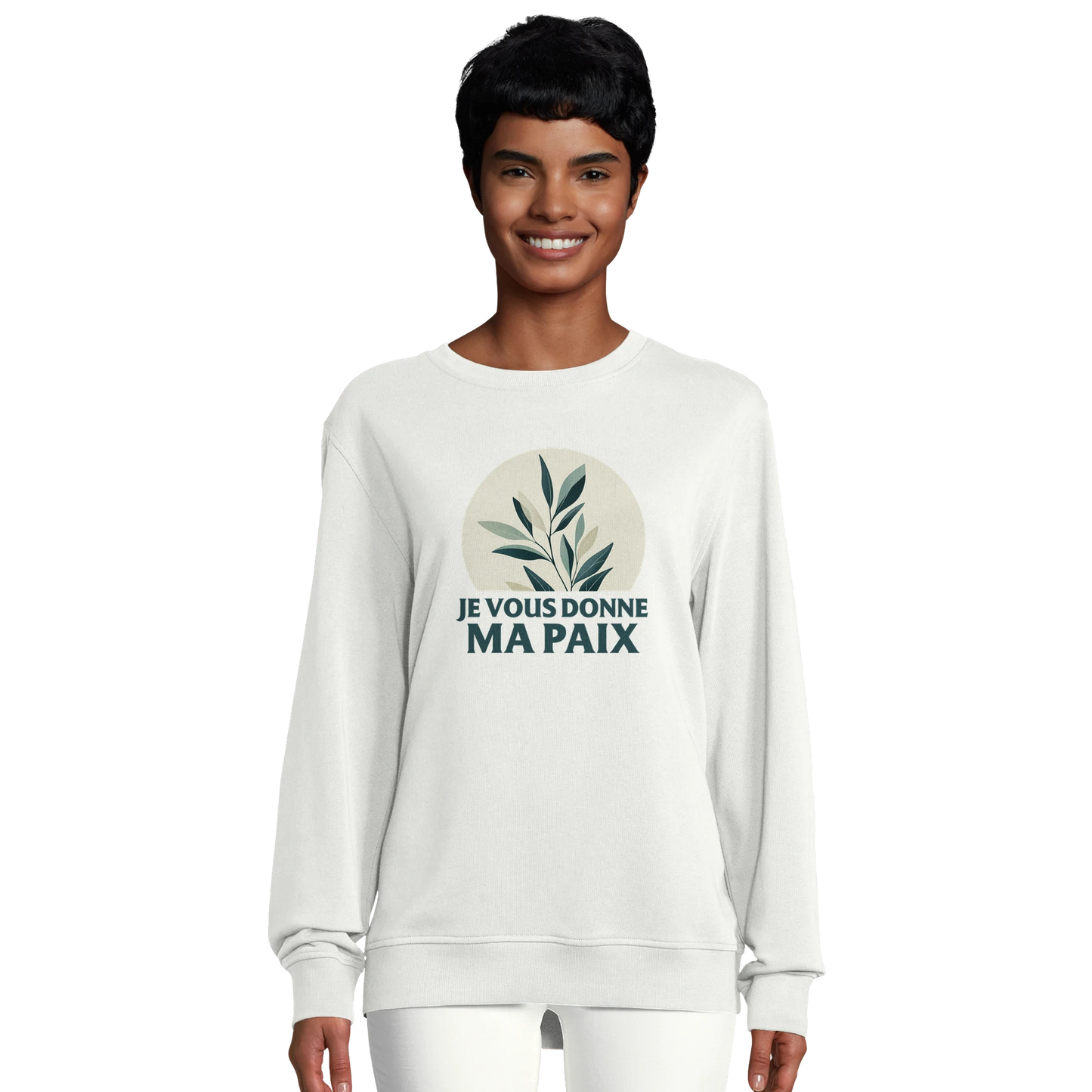 Sweat-shirt chrétien femme en coton bio « Jean 14:27 » blanc face