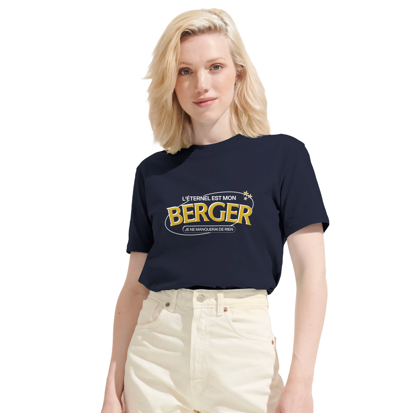 T-shirt chrétien femme en coton bio « Psaume 23:1 » bleu marine face