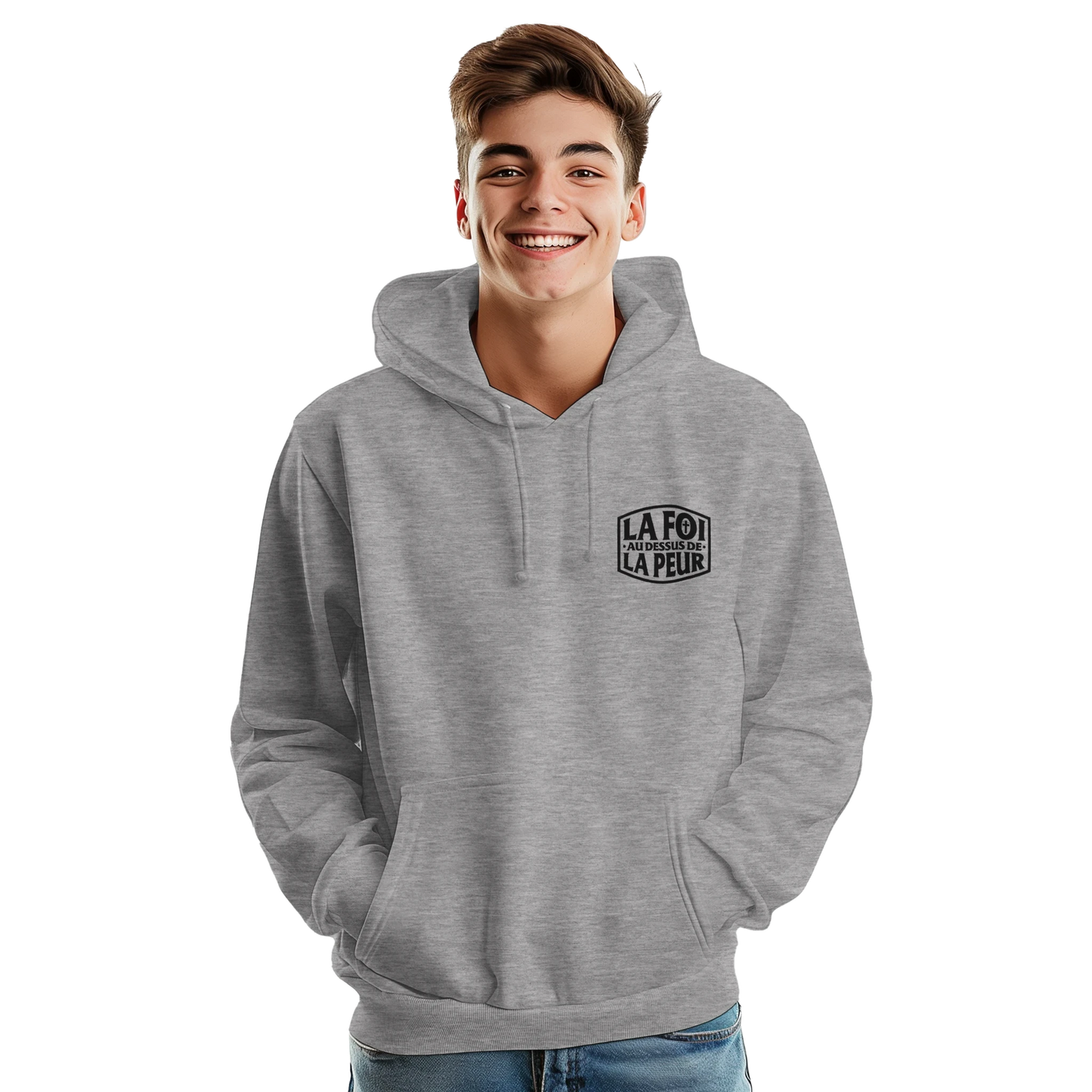 Sweat à capuche chrétien homme brodé « 2 Timothée 1:7 » gris chiné face