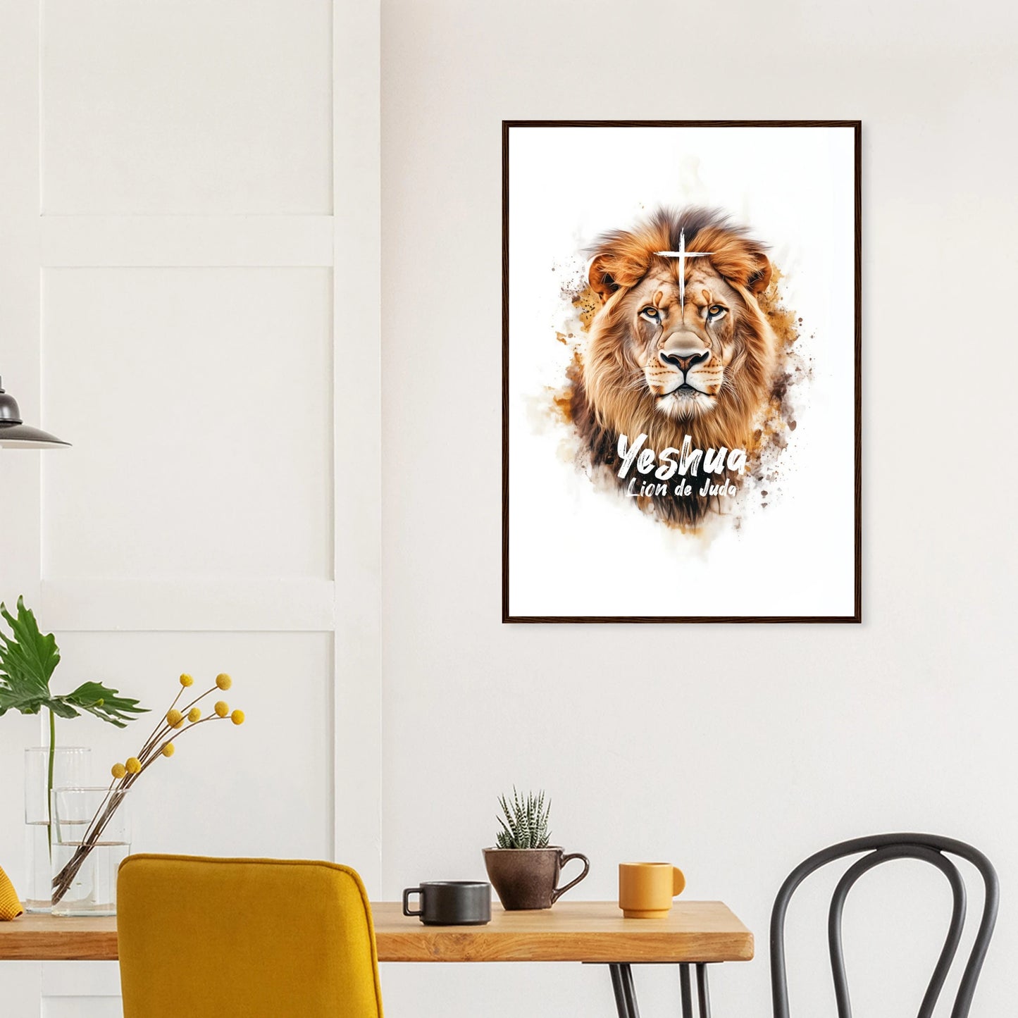 Poster chrétien premium encadré « Yeshua Lion de Juda » cuisine A1 cadre bois foncé