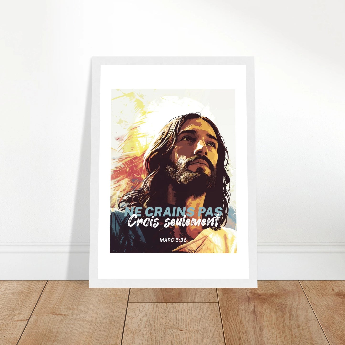Poster chrétien premium encadré « Marc 5:36 » plan rapproché A4 cadre blanc
