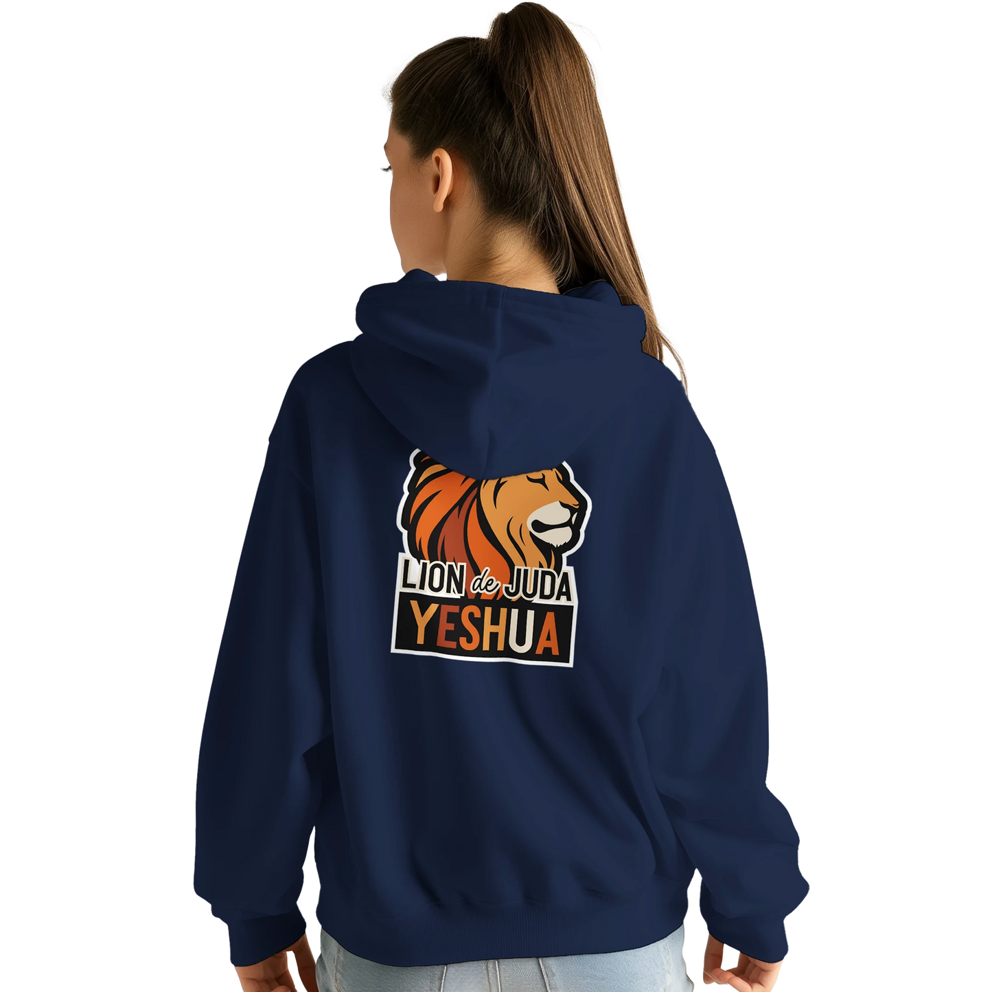 Sweat à capuche chrétien femme « Yeshua Lion de Juda » bleu marine dos