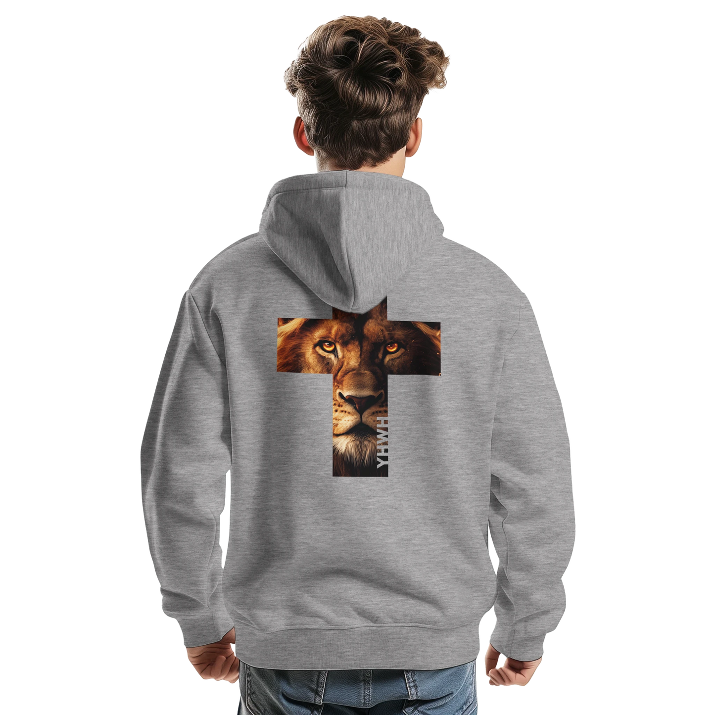 Sweat à capuche chrétien homme « Lion YHWH » gris chiné dos