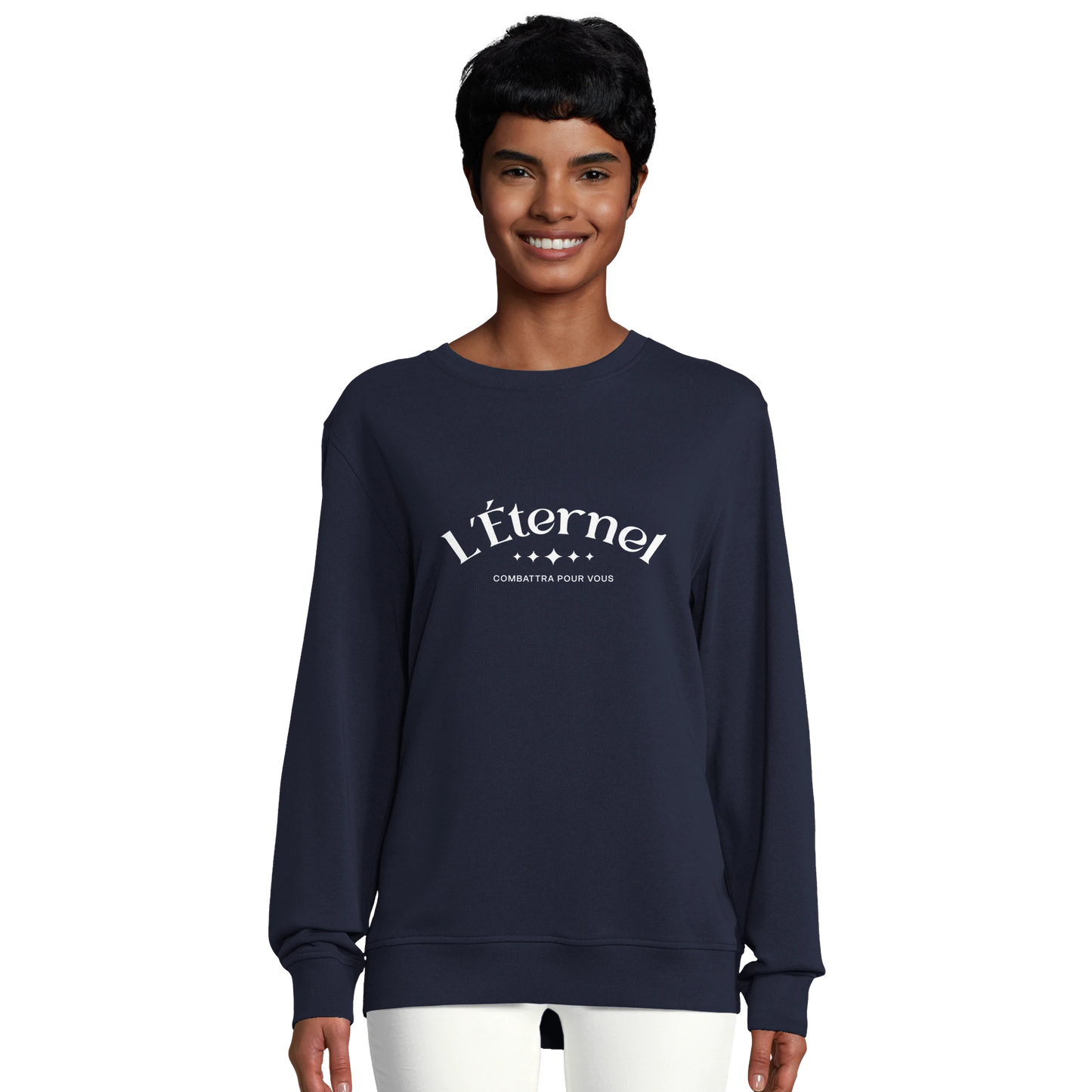 Sweat-shirt chrétien femme en coton bio « Deutéronome 3:22 » bleu marine face