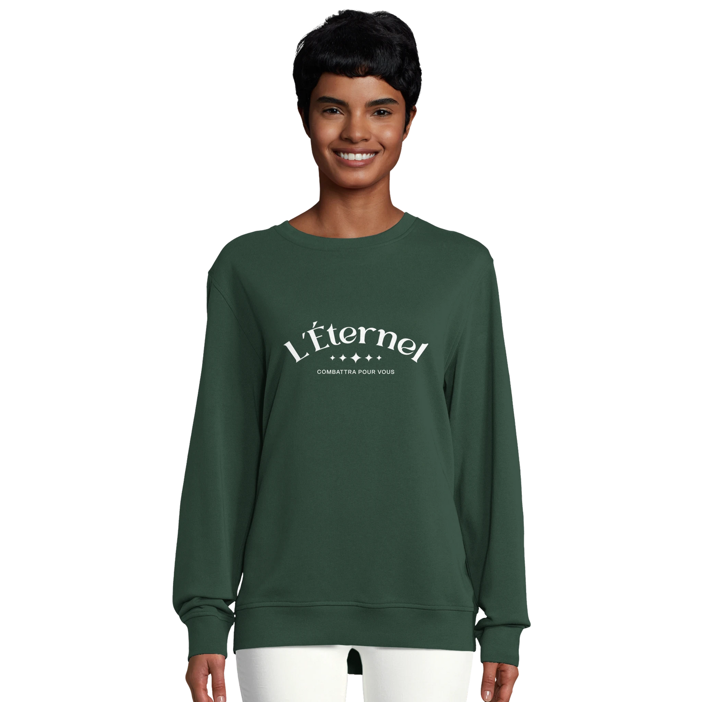 Sweat-shirt chrétien femme en coton bio « Deutéronome 3:22 » vert bouteille face