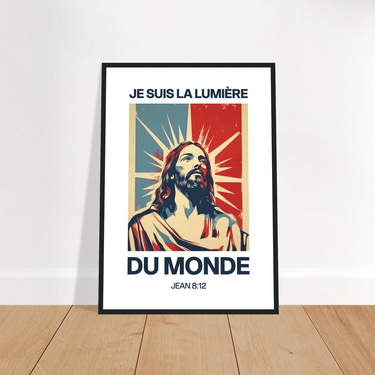 Poster chrétien premium encadré « Jean 8:12 » plan rapproché A2 cadre noir