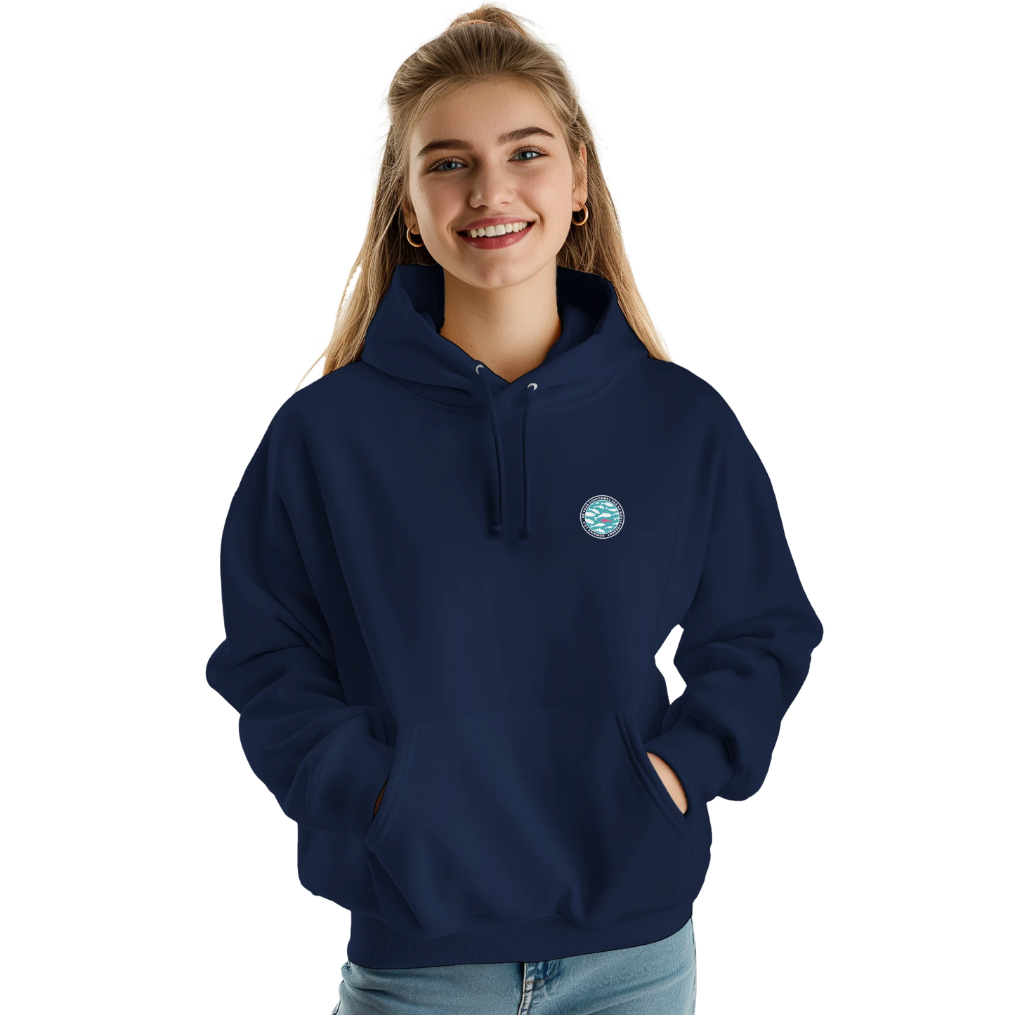 Sweat à capuche chrétien femme « Romains 12:2 » bleu marine face
