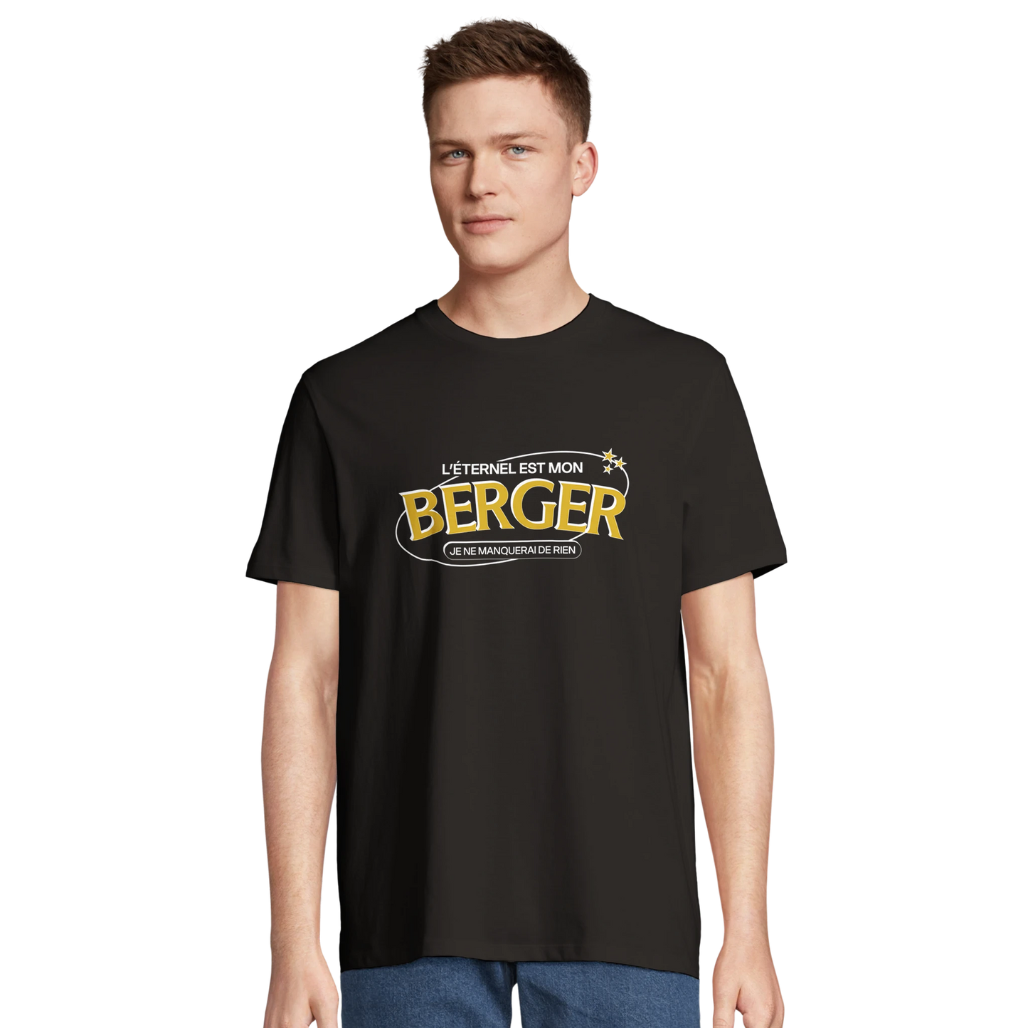 T-shirt chrétien homme en coton bio « Psaume 23:1 » noir face