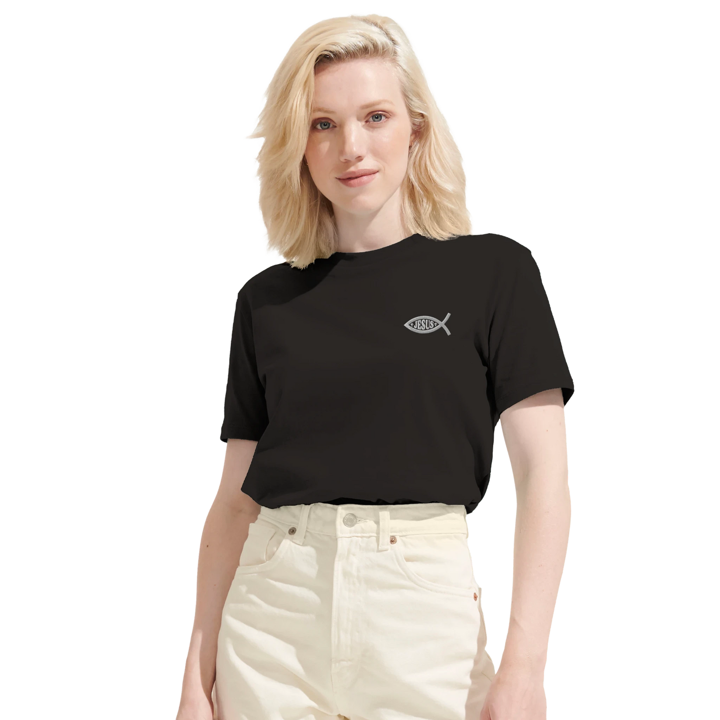 T-shirt chrétien femme brodé en coton bio « Ichthus » noir face