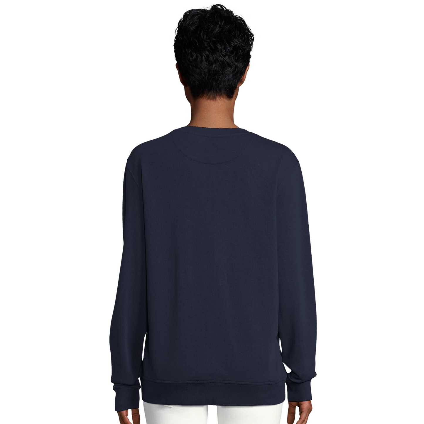 Sweat-shirt chrétien femme en coton bio « Sacré-Cœur » bleu marine dos