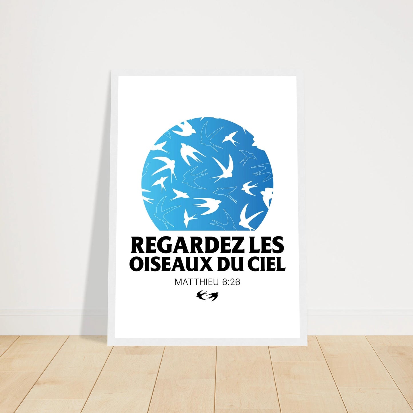 Poster chrétien premium encadré « Matthieu 6:26 » plan rapproché A3 cadre blanc