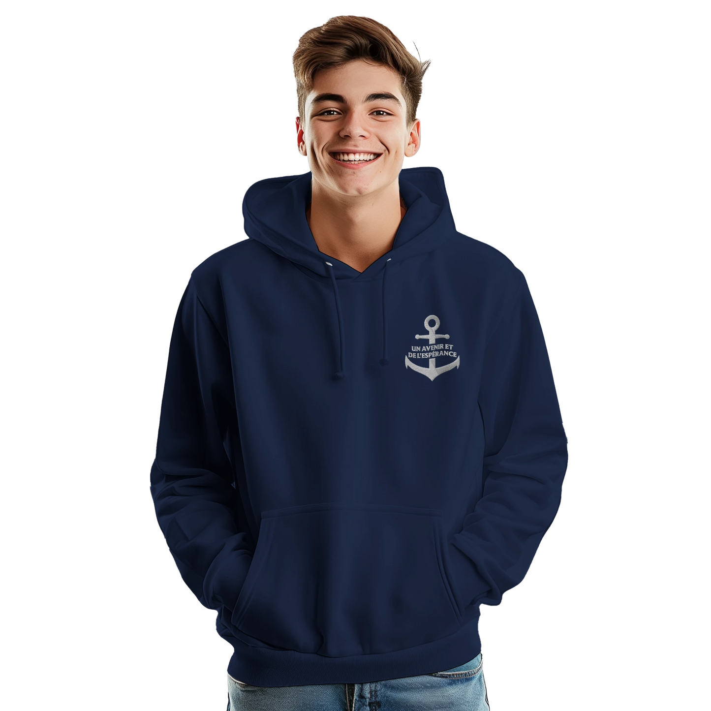 Sweat à capuche chrétien homme brodé « Jérémie 29:11 » bleu marine face