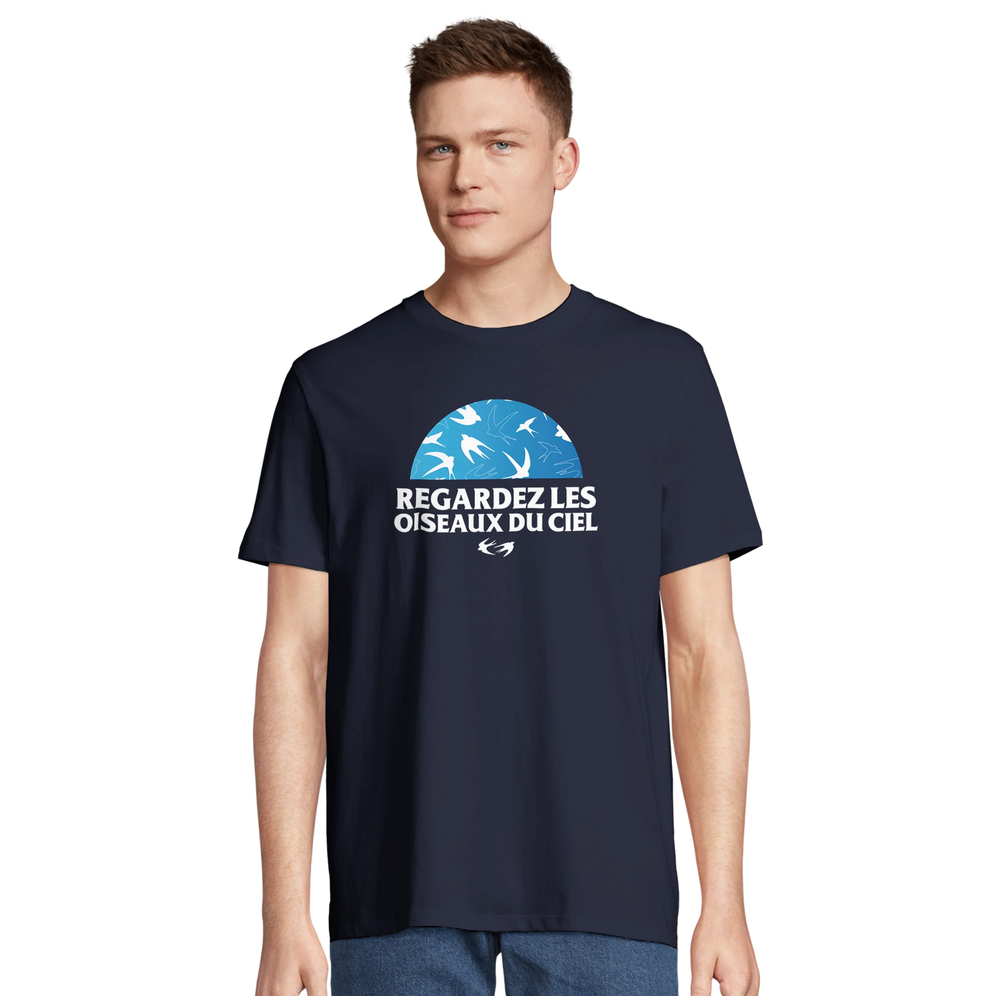 T-shirt chrétien homme en coton bio « Matthieu 6:26 » bleu marine face