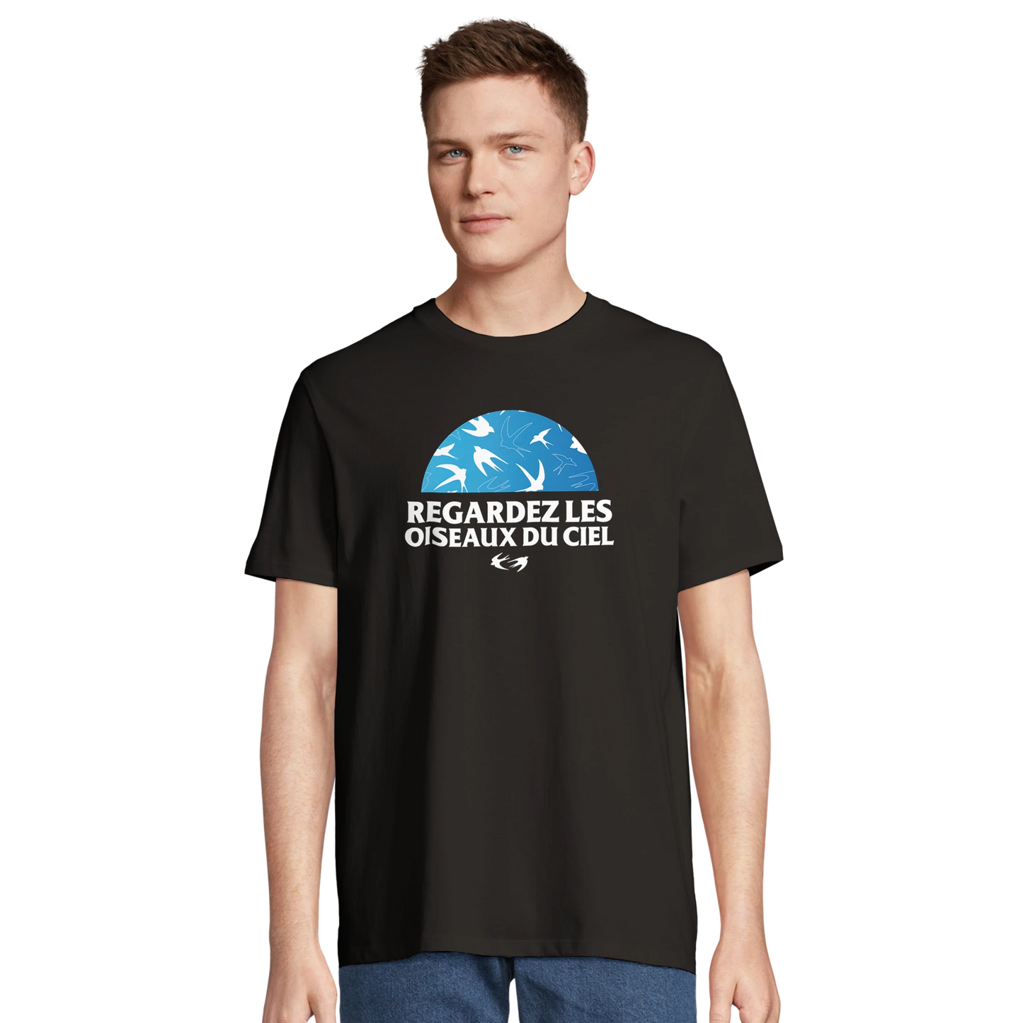 T-shirt chrétien homme en coton bio « Matthieu 6:26 » noir face